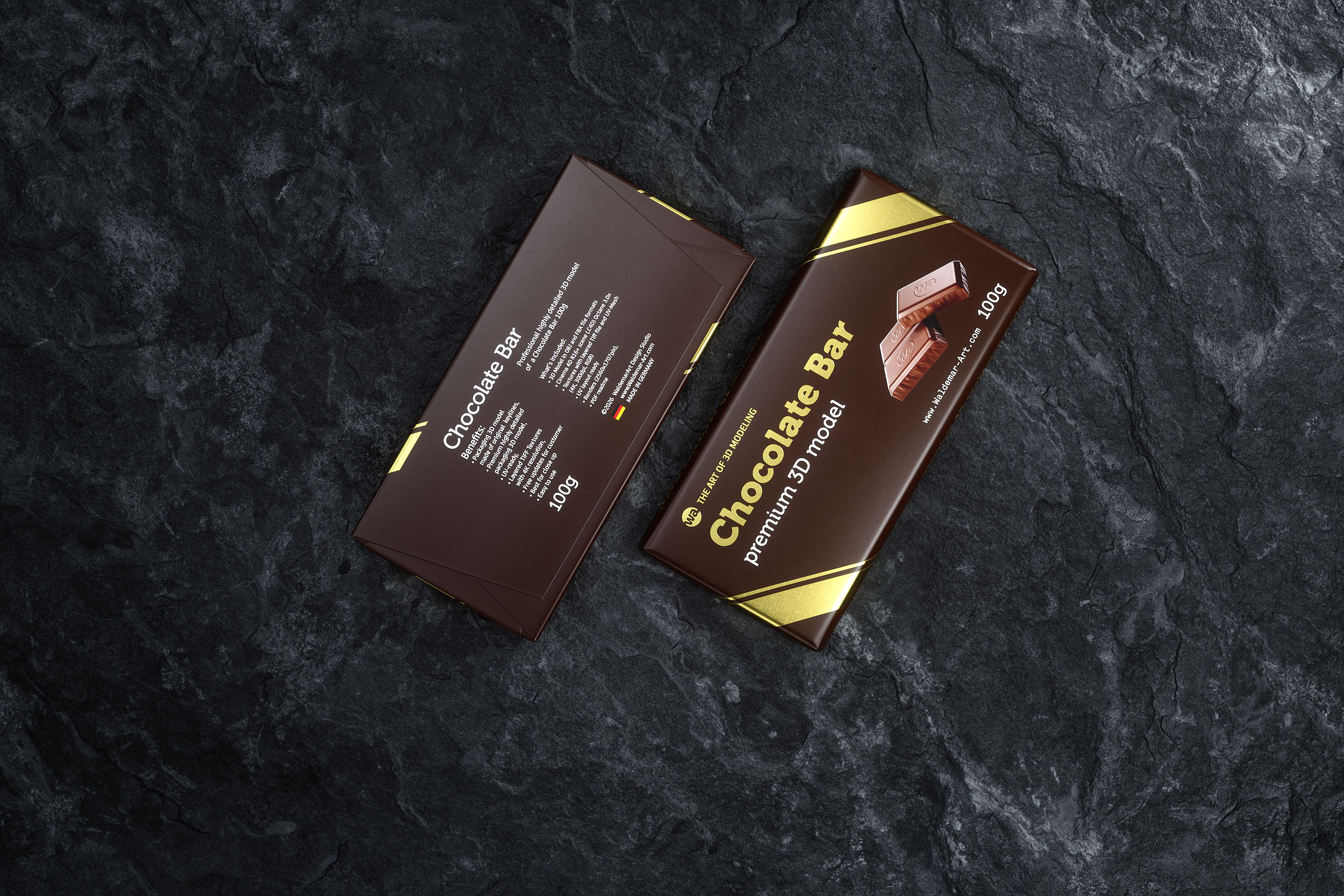 Chocolate Bar 100g wrapped in Foil and Paper 100G, 3D model packaging front and back view, premium paper wrapper design
