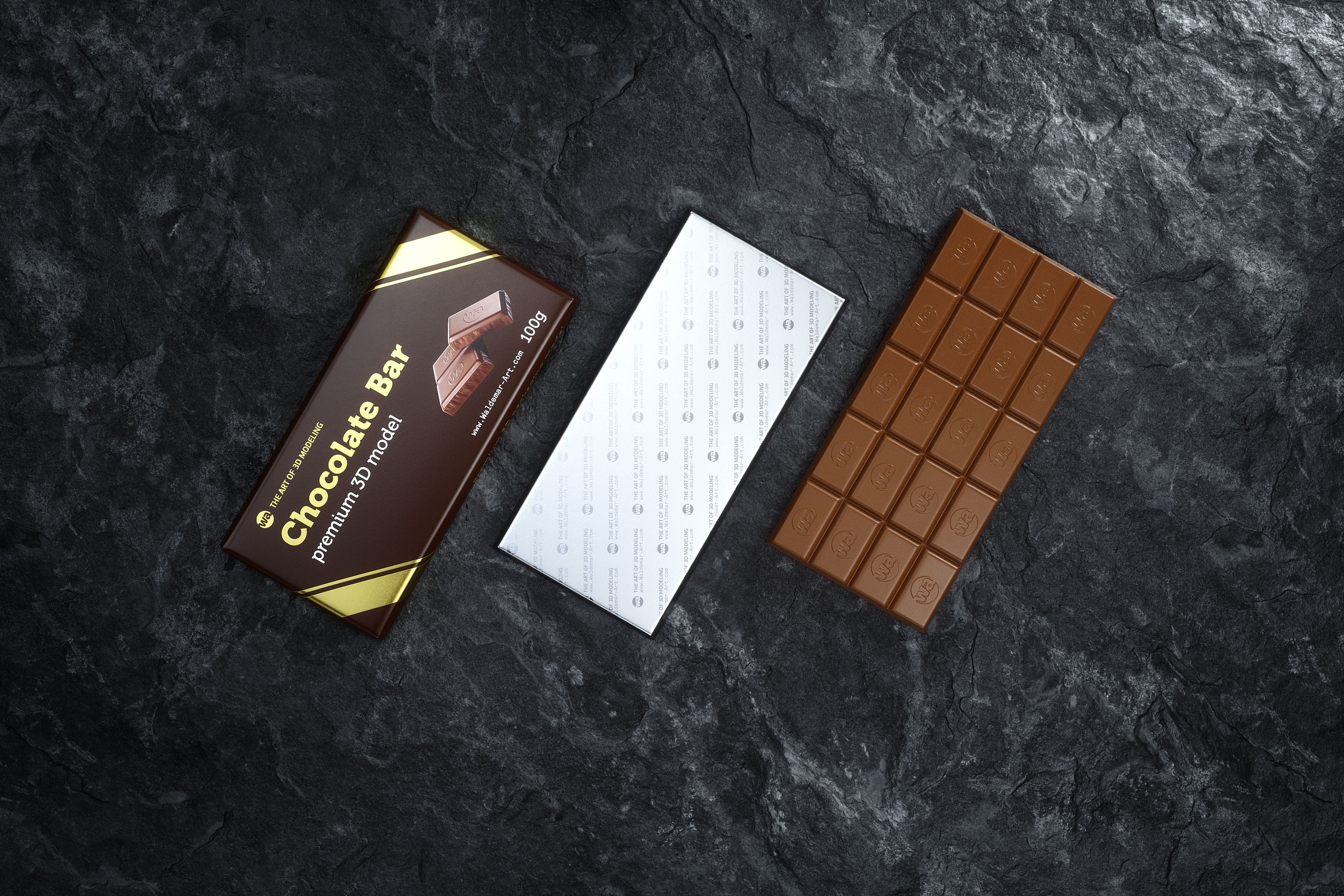 Chocolate Bar 100g wrapped in Foil and Paper 100G, exploded view 3D model showing wrapper, foil and chocolate bar components