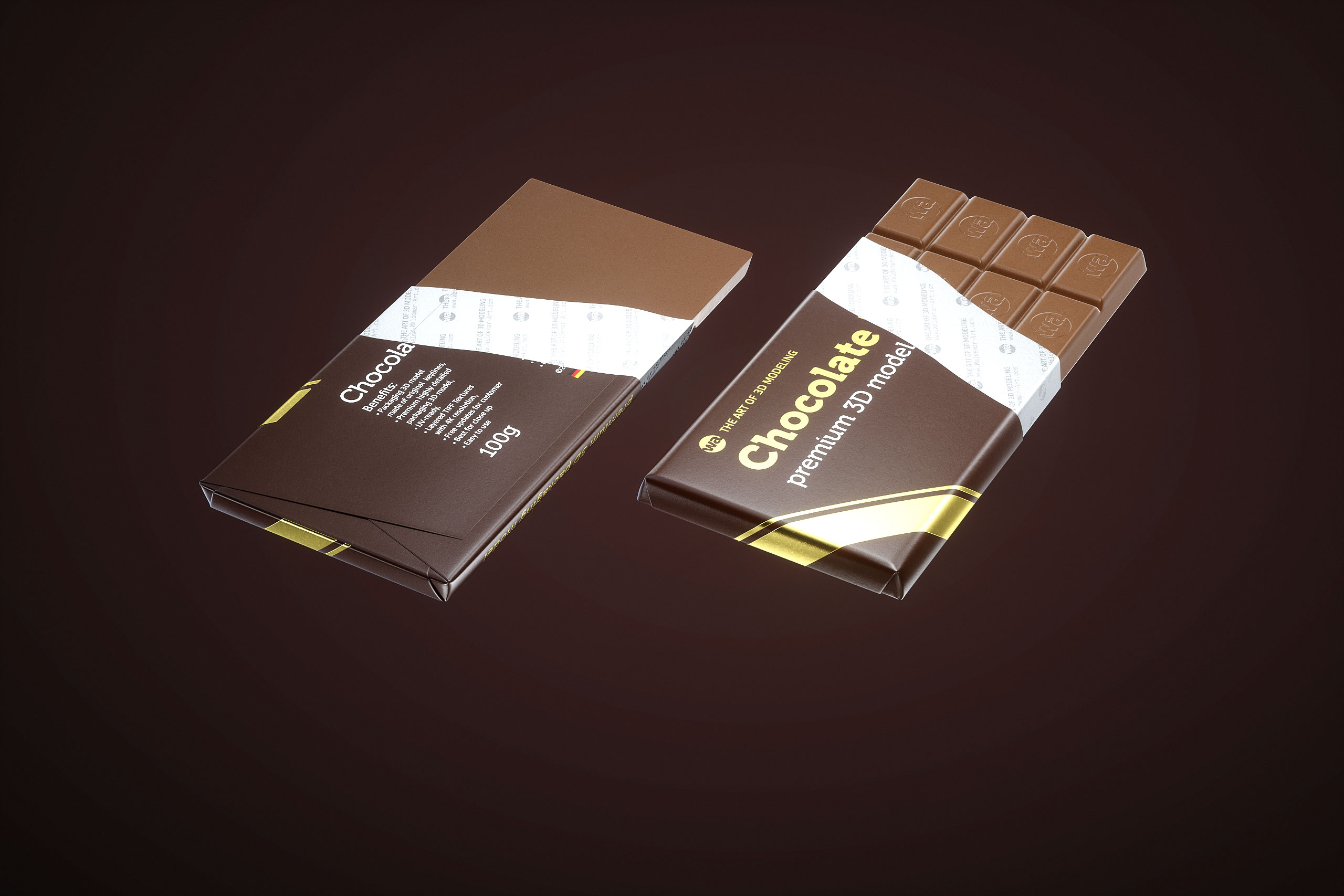 Chocolate Bar 100g wrapped in Foil and Paper 100G, partially unwrapped 3D model showing packaging and chocolate inside