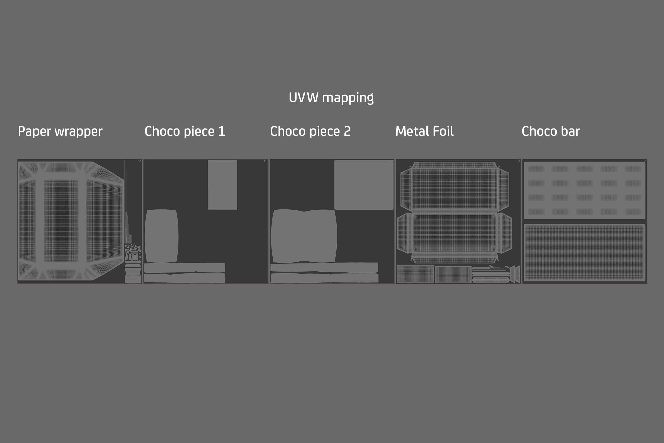 Chocolate Bar 100g wrapped in Foil and Paper 100G, UV map layout of 3D model including wrapper, foil and chocolate textures