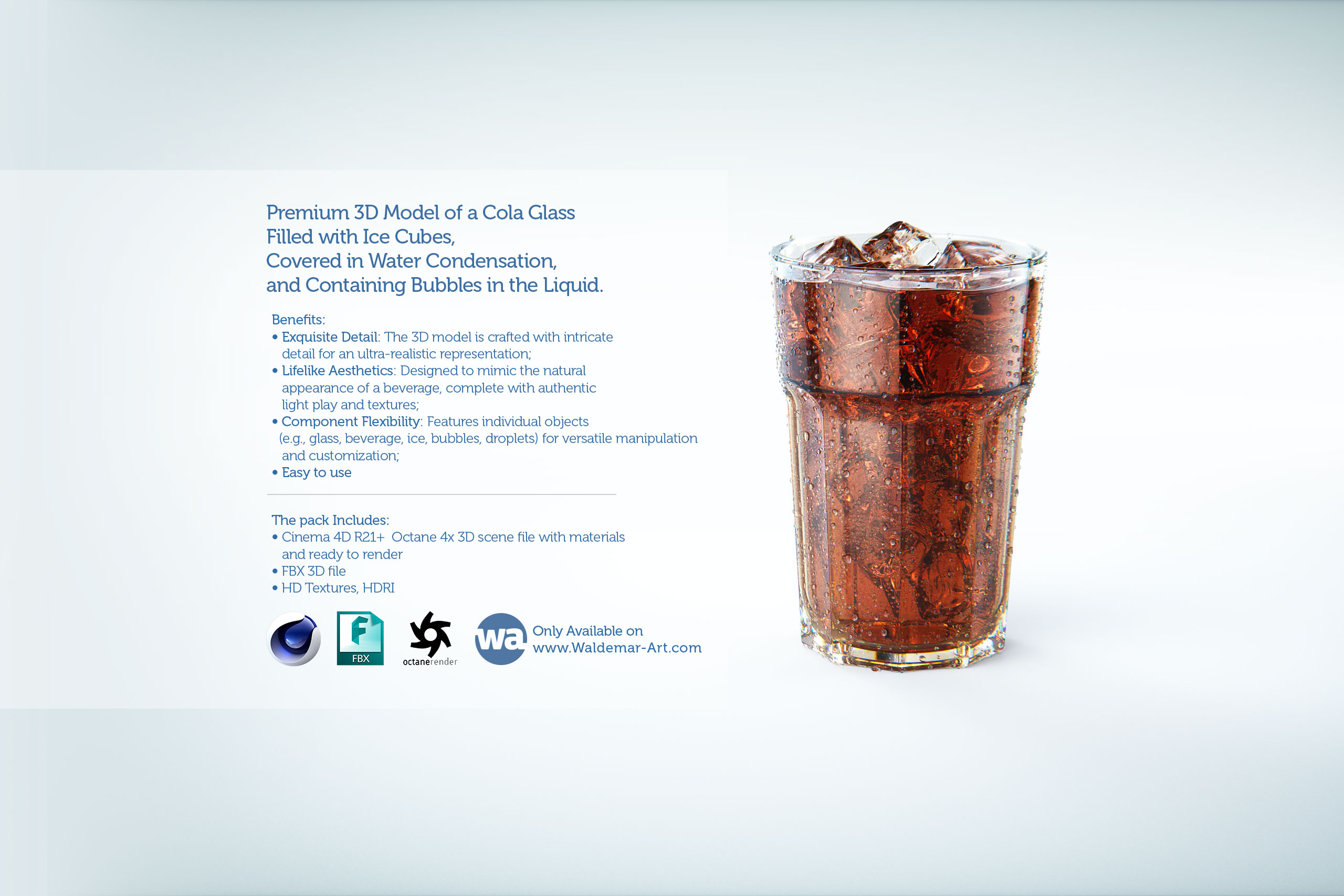 Premium 3D Model of a Cola Glass Filled with Ice Cubes, Covered in Water Condensation, and Containing Bubbles in the Liquid