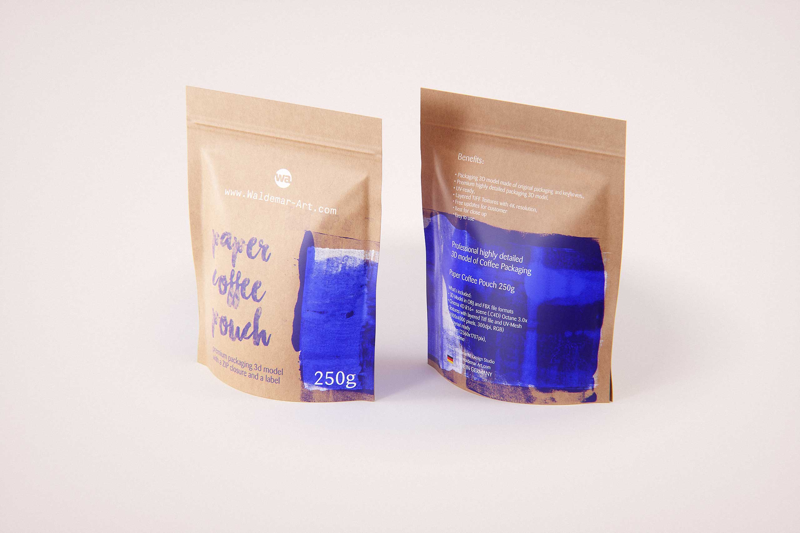 Coffee Paper Pouch 250g with stitches and a label premium packaging 3d model