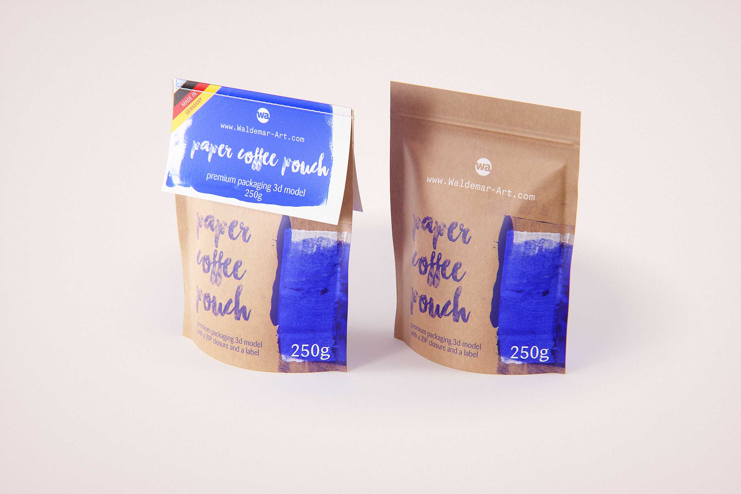 Coffee Paper Pouch 250g with stitches and a label premium packaging 3d model