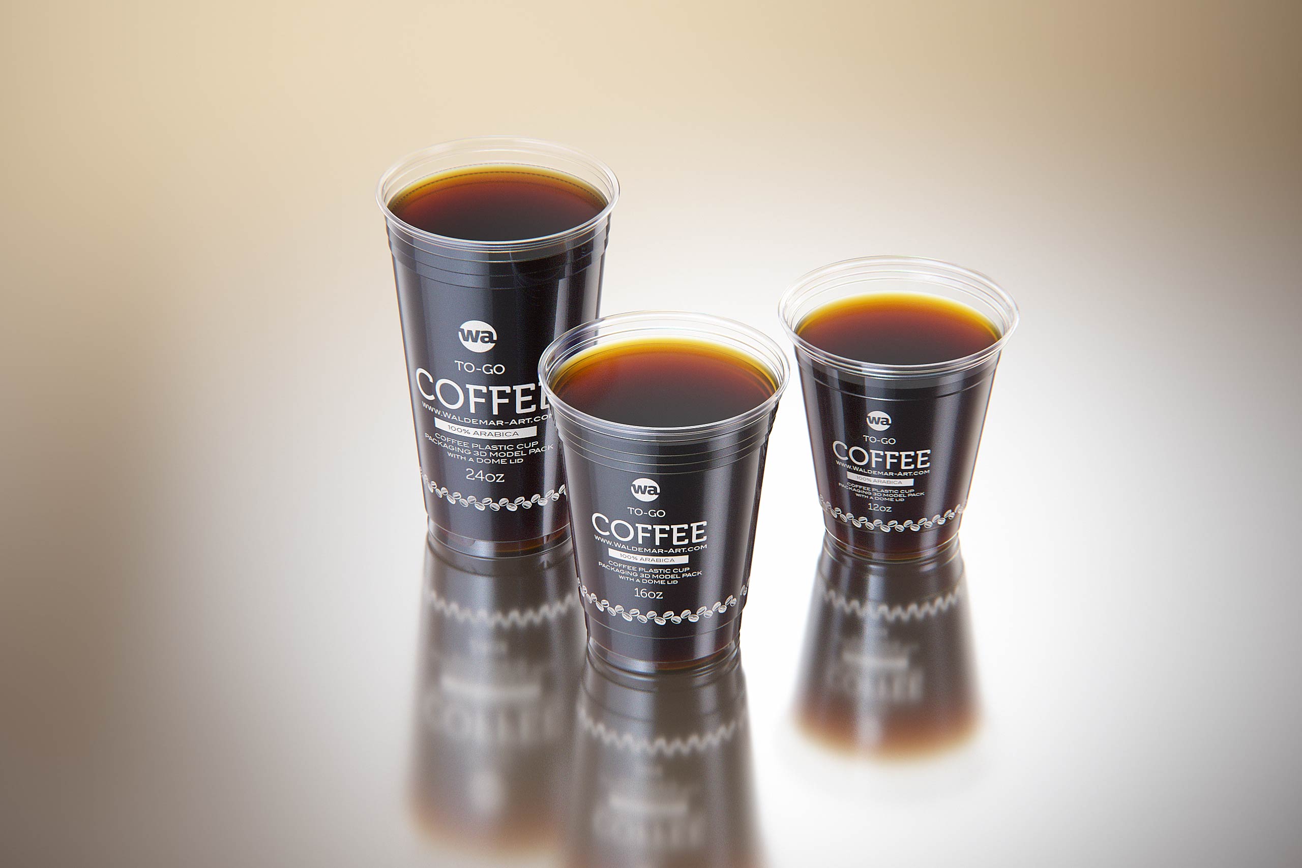 Cold Coffee To-Go - Plastic Cups with DOME lids 3D model pack (24oz, 16oz, 12oz)
