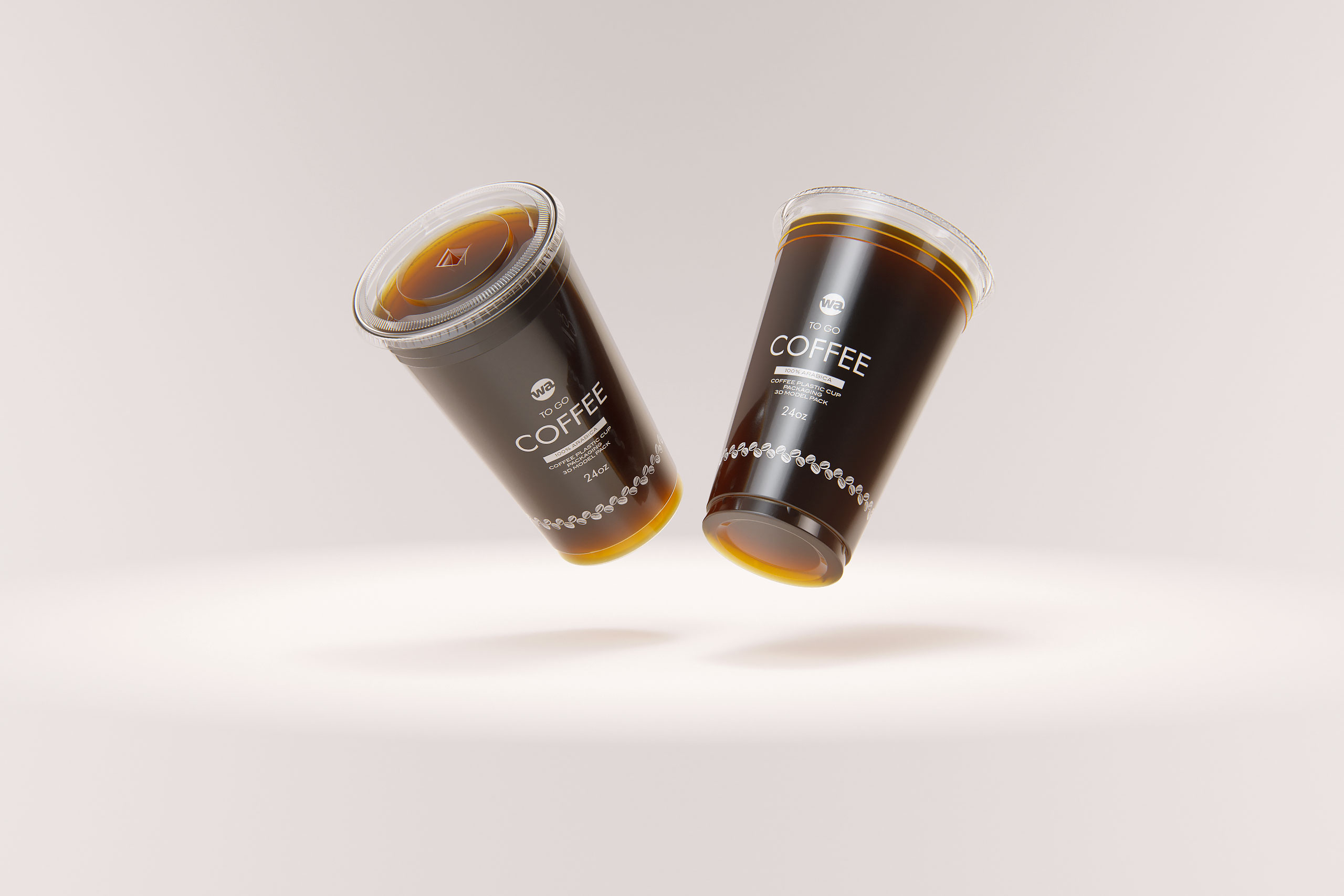 Coffee To-Go - Group of Plastic Cups with Flat lids 3D model pack (24oz, 16oz, 12oz)