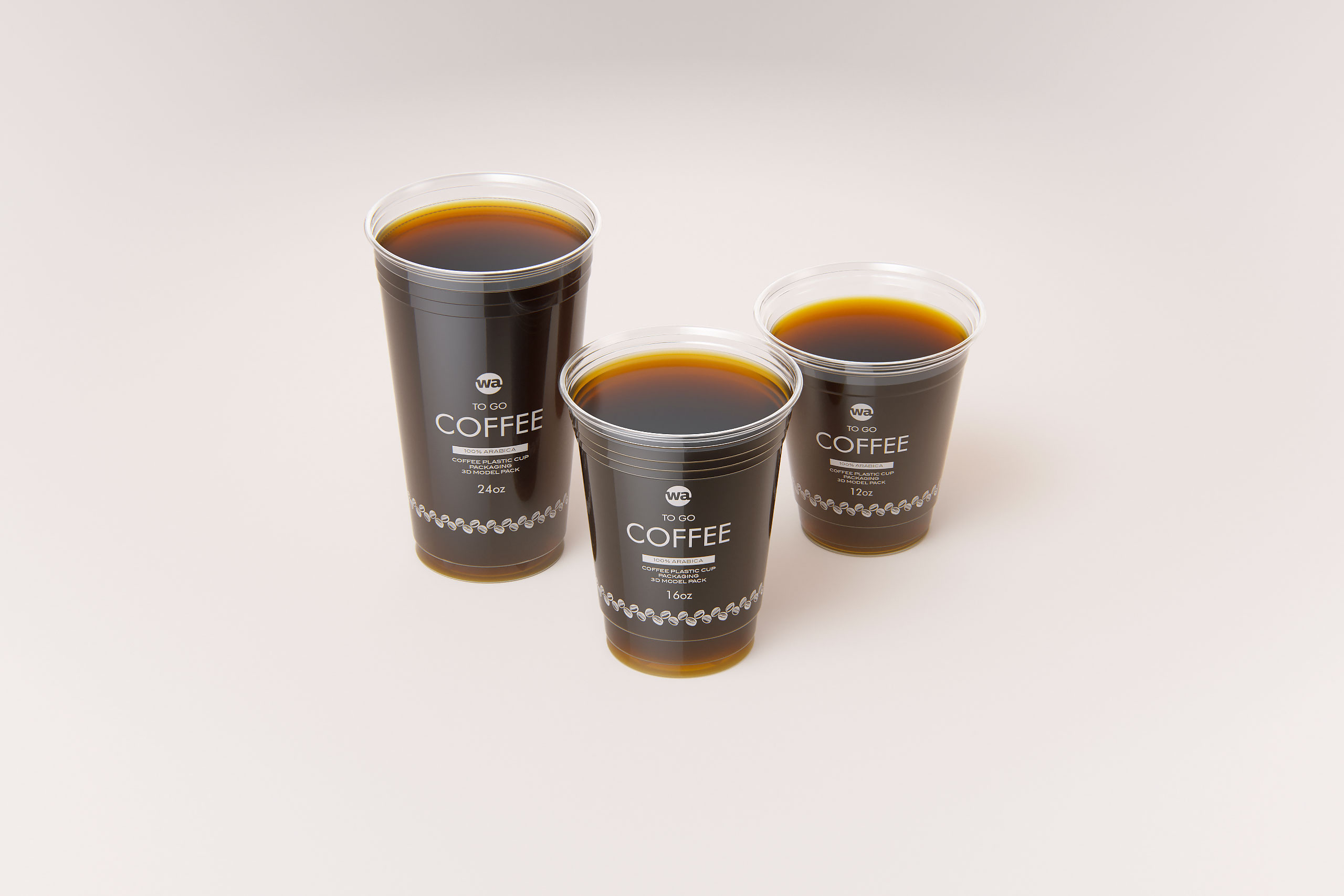 Coffee To-Go - Group of Plastic Cups with Flat lids 3D model pack (24oz, 16oz, 12oz)