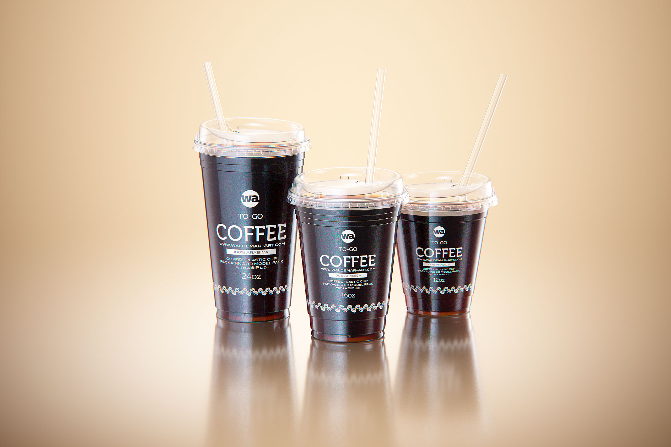 Cold Coffee To-Go - Plastic Cups with SIP lids 3D model pack (24oz, 16oz,  12oz) / WA Design Studio