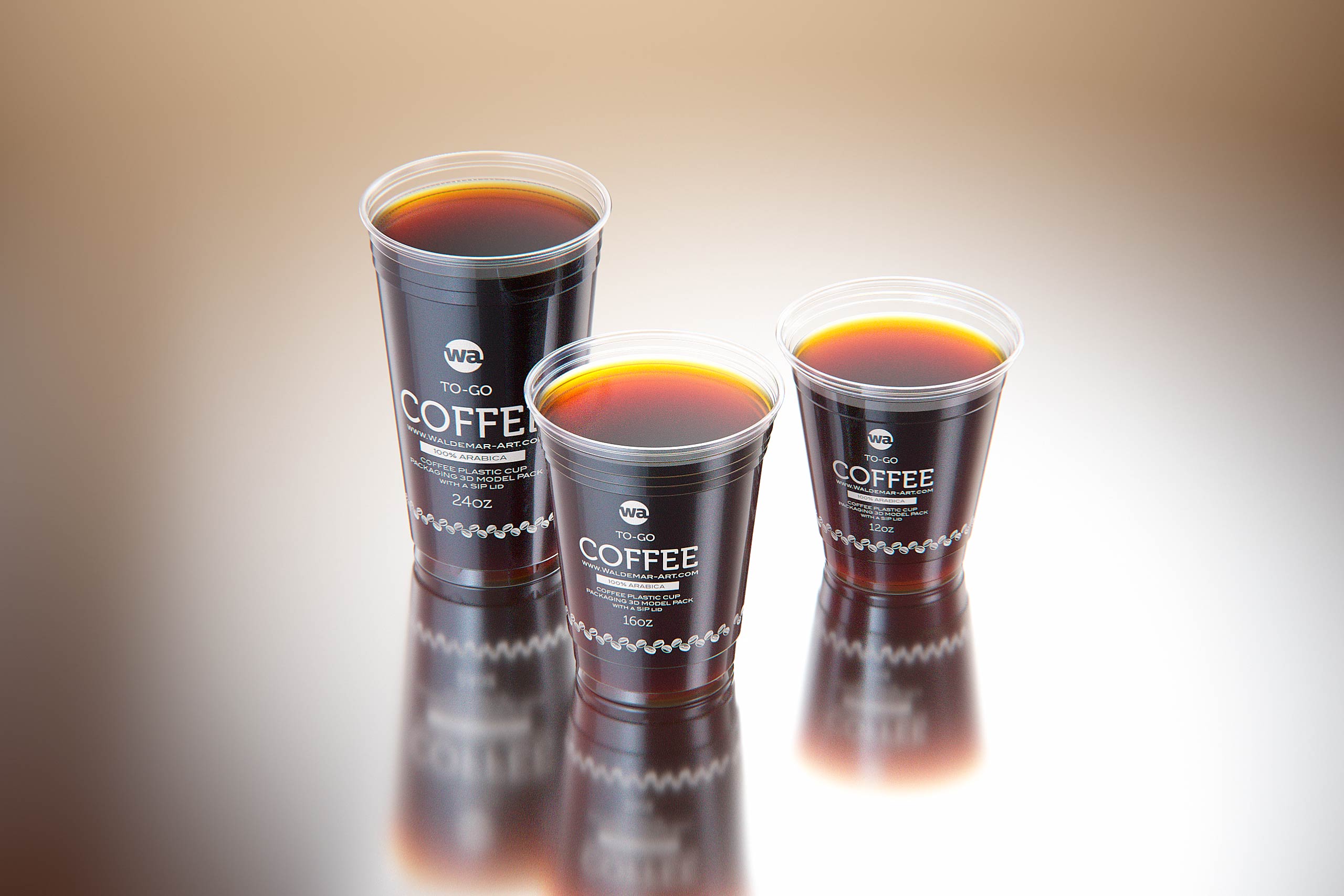 Cold Coffee To-Go - Plastic Cups with SIP lids 3D model pack (24oz, 16oz, 12oz)