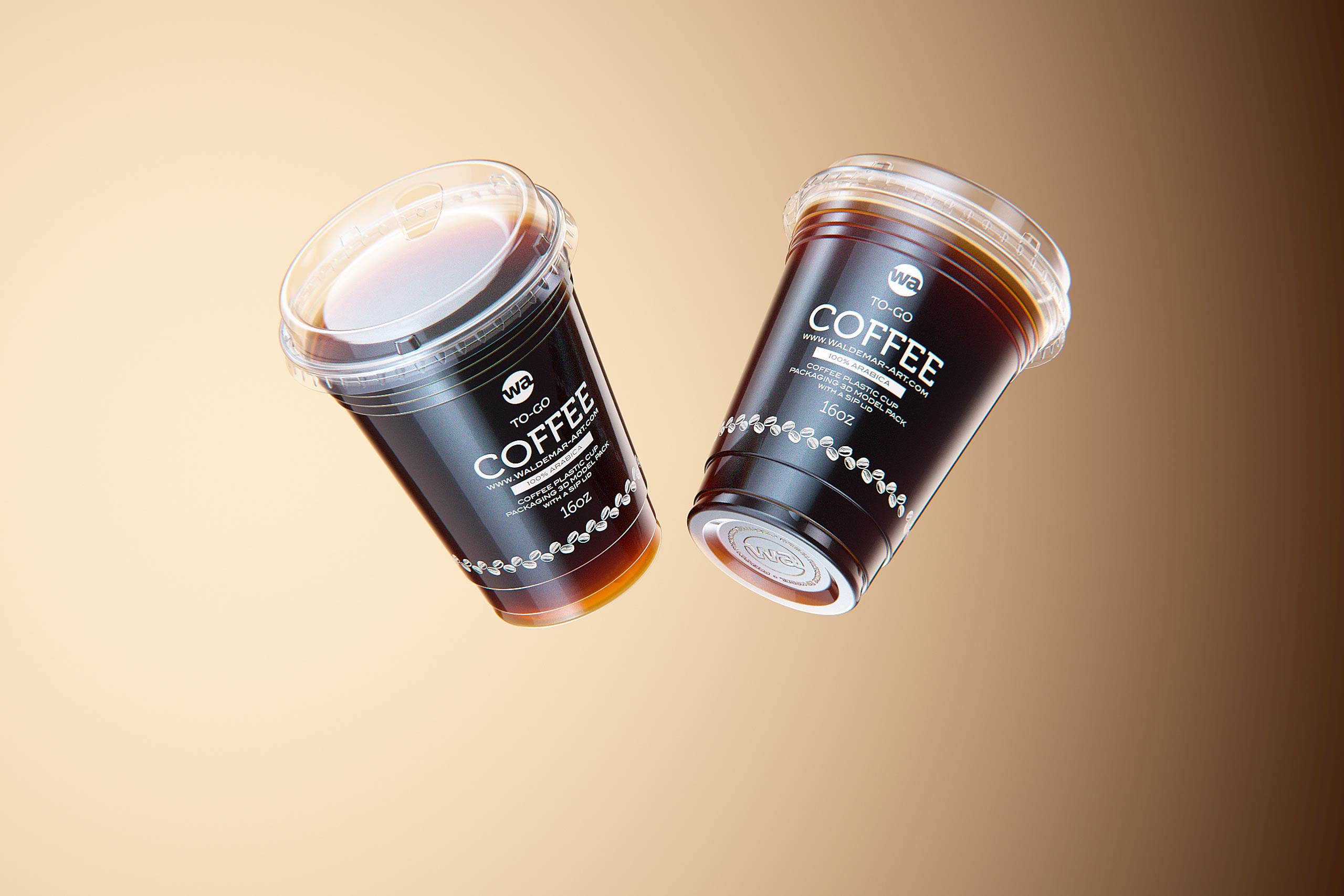 Cold Coffee To-Go - Plastic Cups with SIP lids 3D model pack (24oz, 16oz, 12oz)