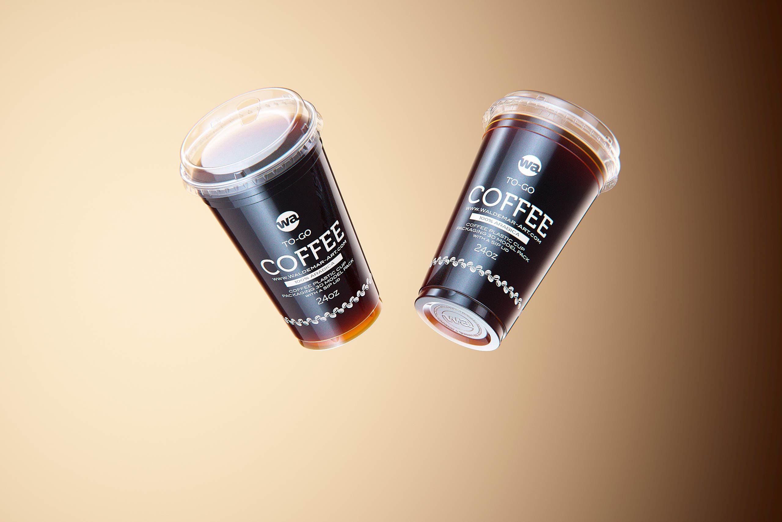 Cold Coffee To-Go - Plastic Cups with SIP lids 3D model pack (24oz, 16oz, 12oz)
