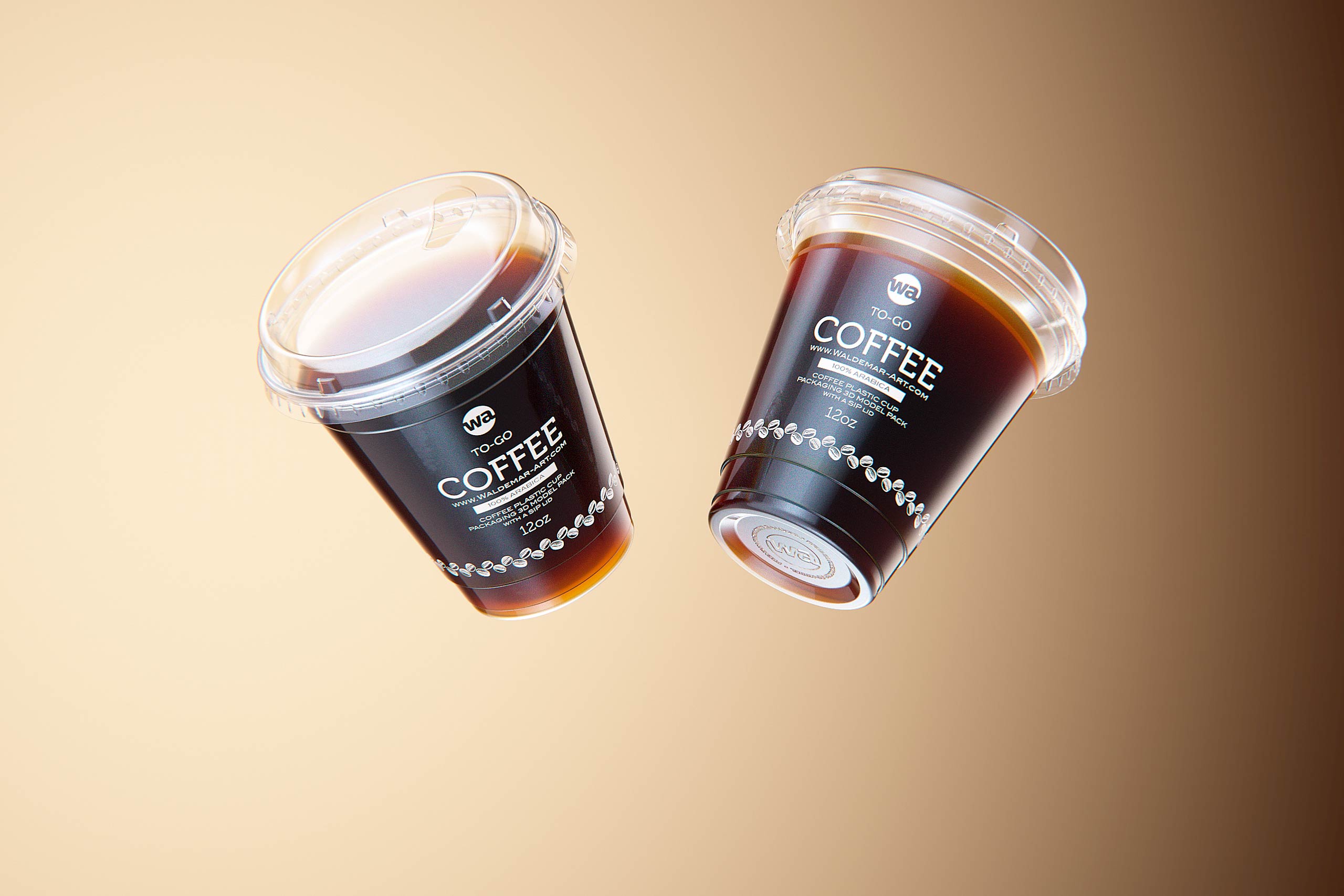 Cold Coffee To-Go - Plastic Cups with SIP lids 3D model pack (24oz, 16oz, 12oz)