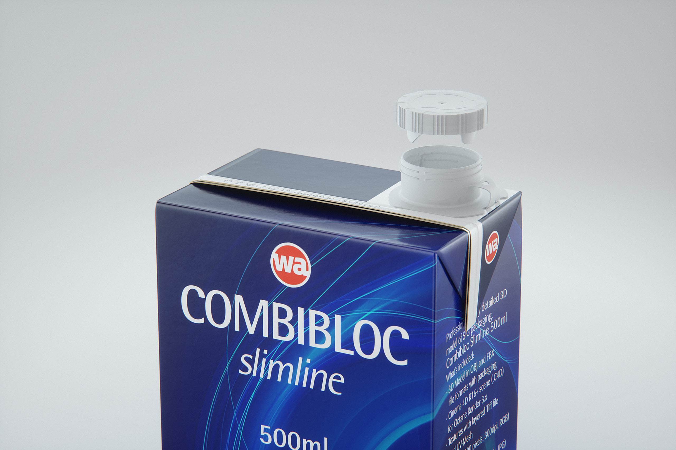 3D model of the SIG Combibloc Slimline 500ml packaging with tethered cap CombiCap