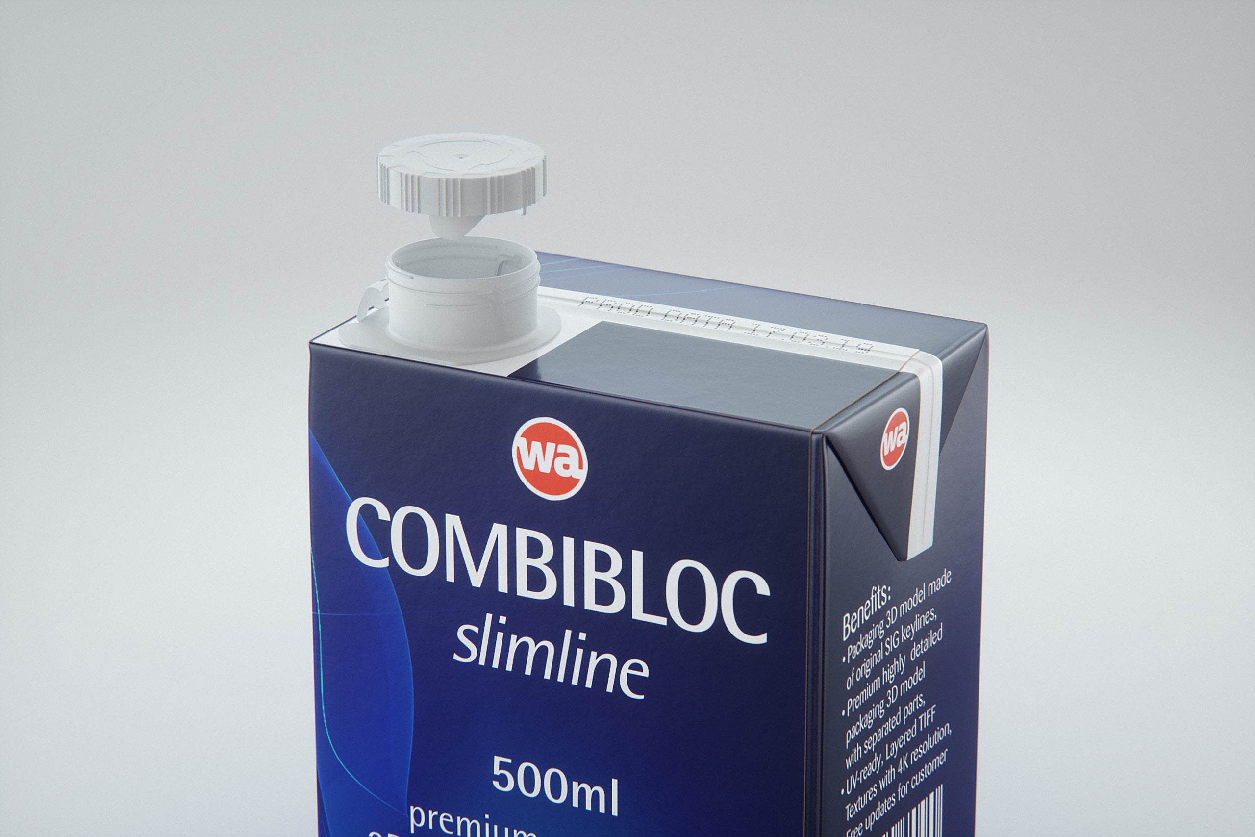 3D model of the SIG Combibloc Slimline 500ml packaging with tethered cap CombiCap