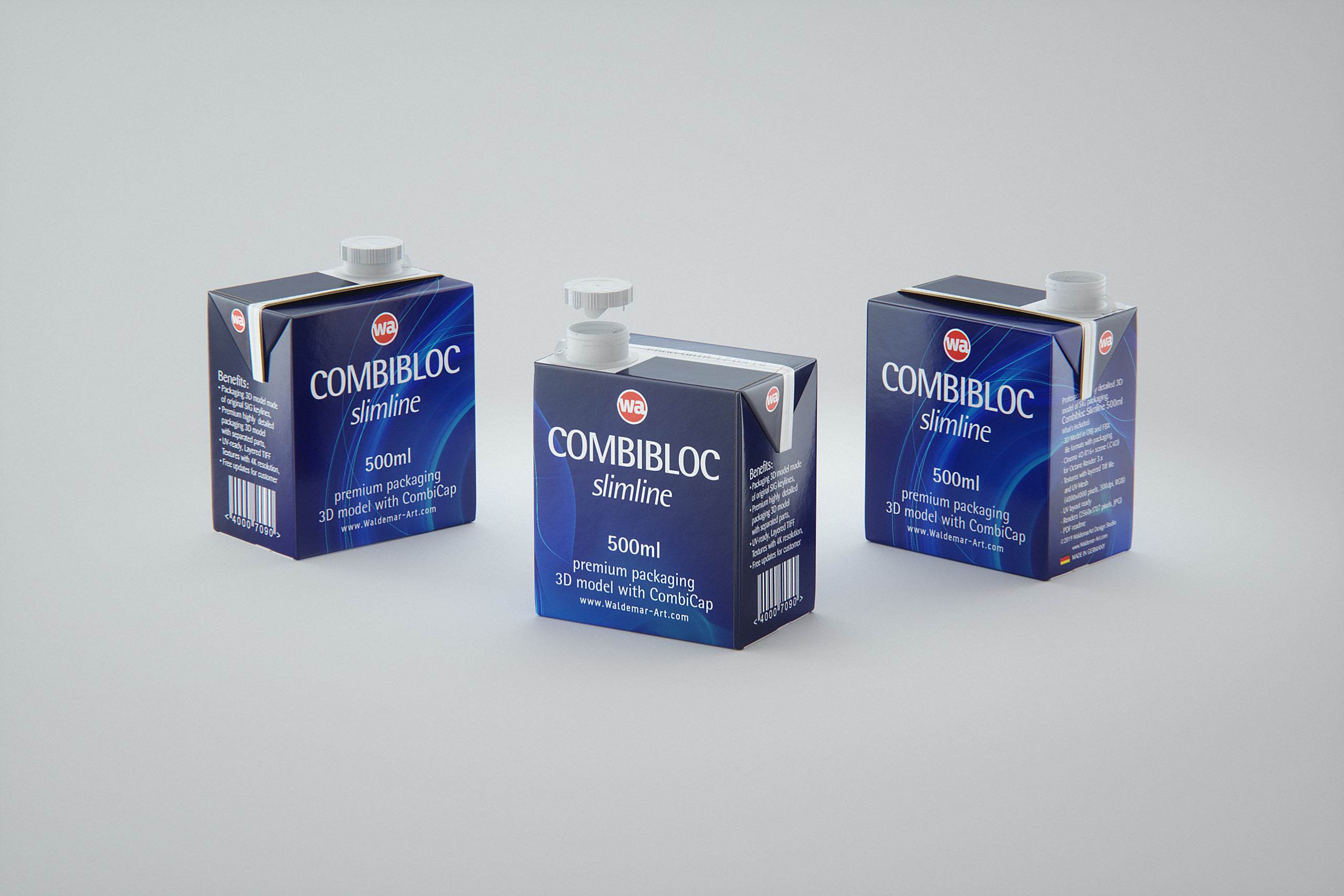 3D model of the SIG Combibloc Slimline 500ml packaging with tethered cap CombiCap