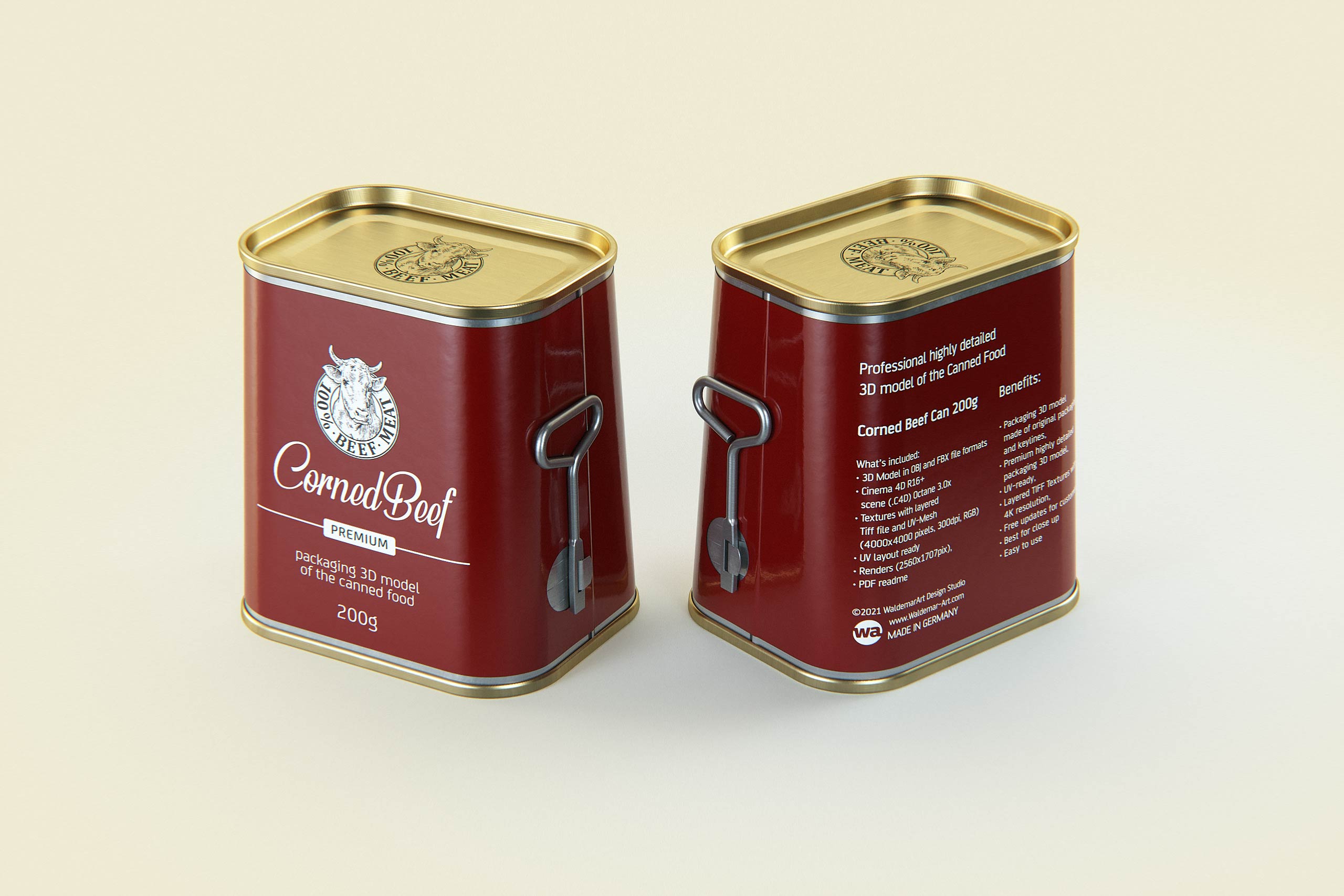 Corned Beef metal cans 200g (2 set) with the key packaging 3d model