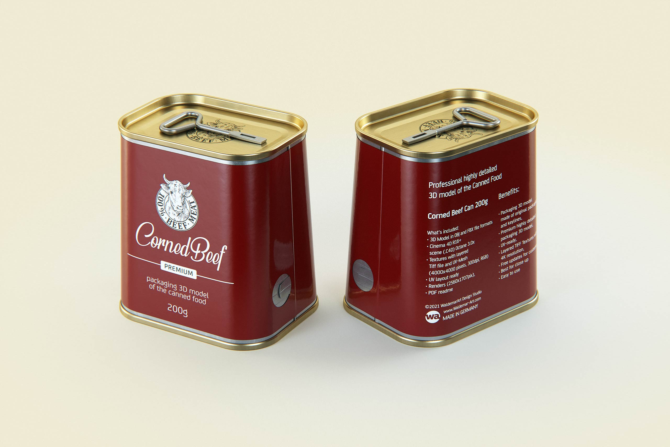 Corned Beef metal cans 200g (2 set) with the key packaging 3d model