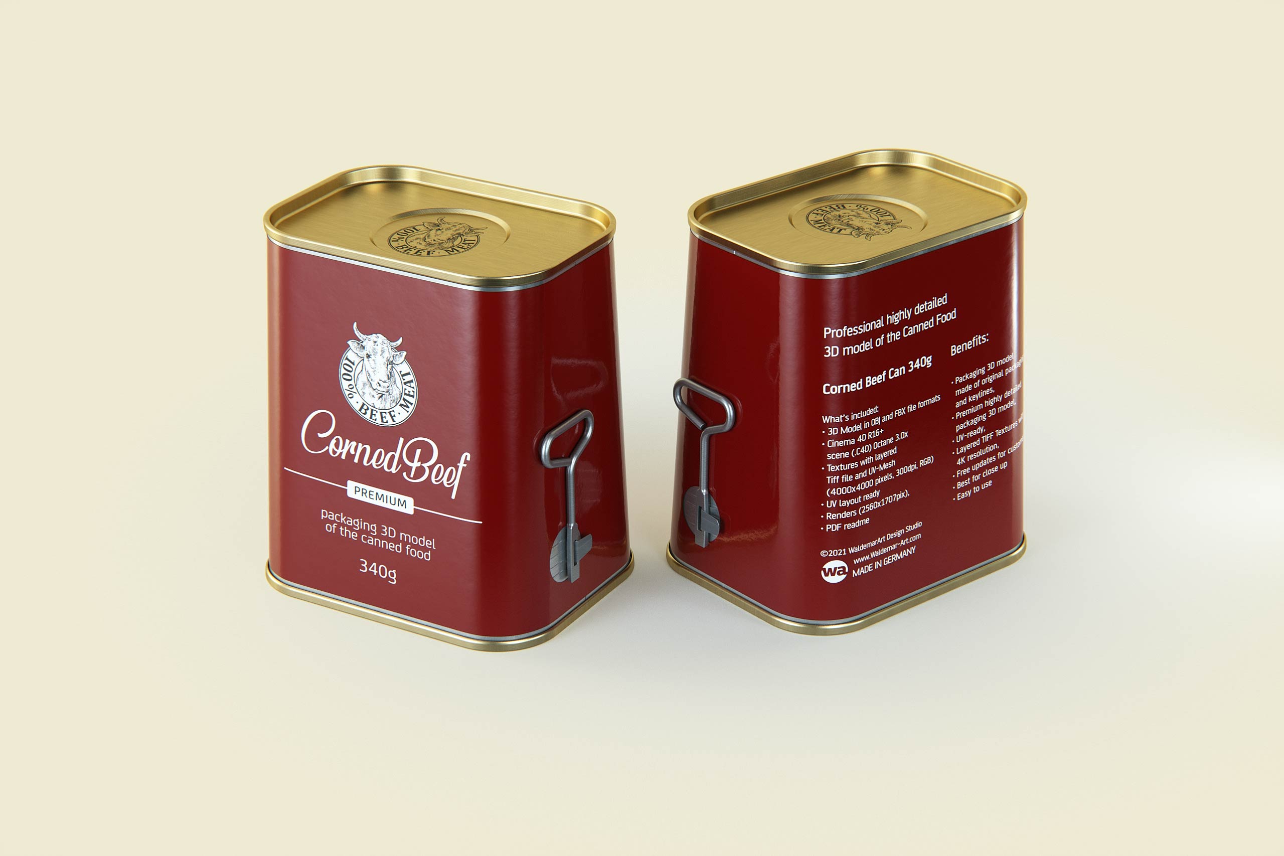 Corned Beef metal cans 340g (2 set) with the key packaging 3d model