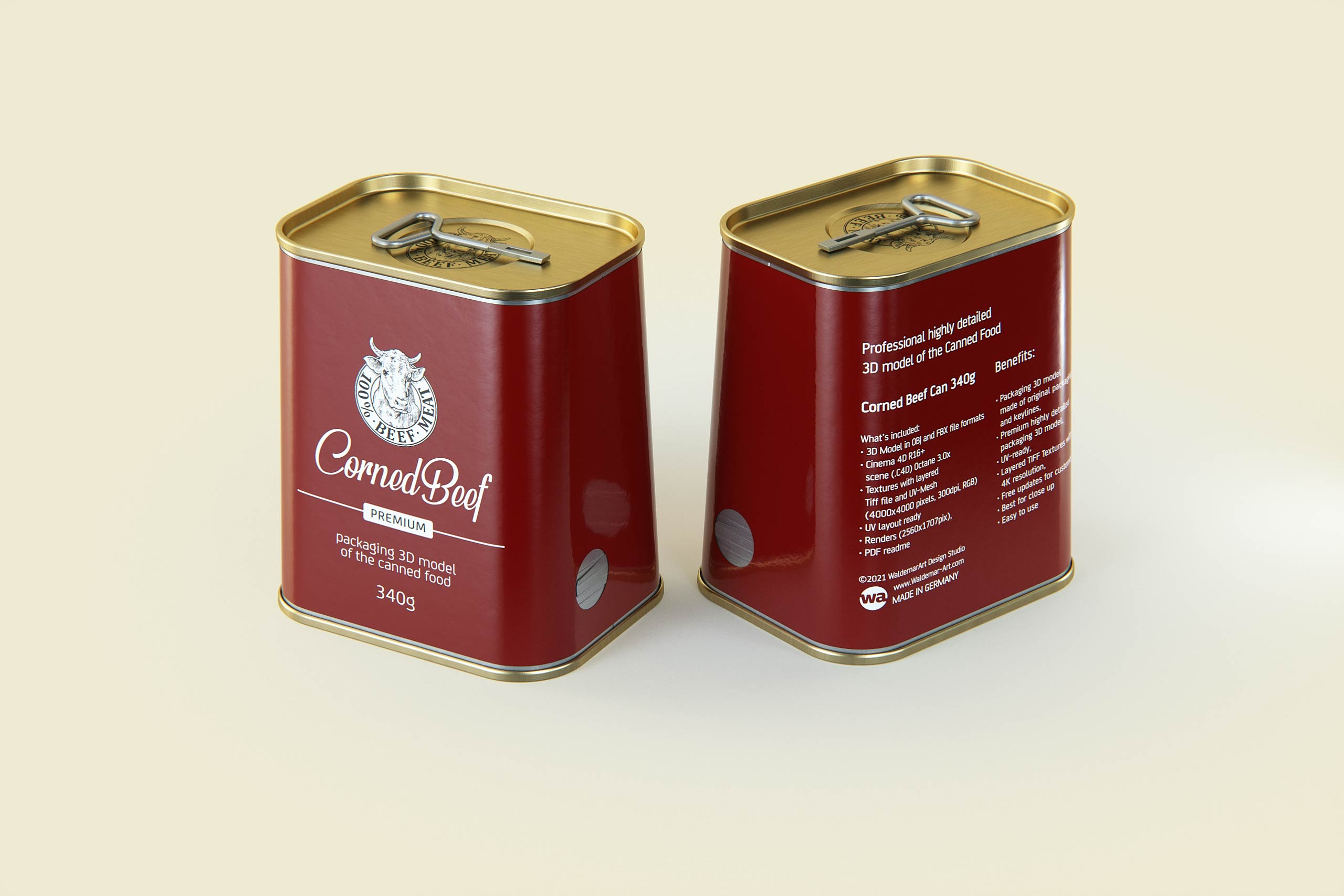 Corned Beef metal cans 340g (2 set) with the key packaging 3d model