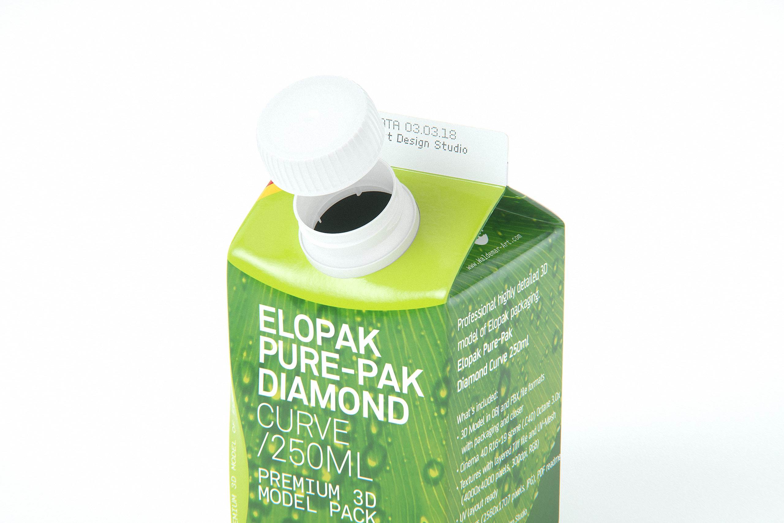 Packaging 3D model of Elopak Pure-Pak Diamond Curve 250ml - close-up with an open cap