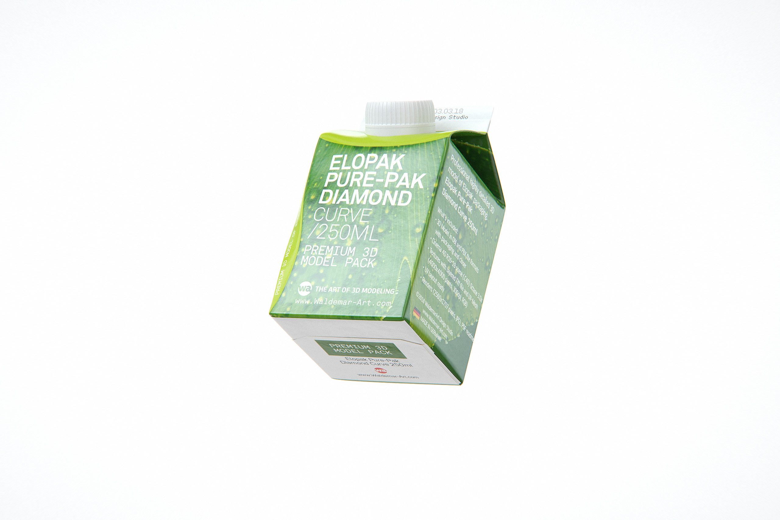 Packaging 3D model of Elopak Pure-Pak Diamond Curve 250ml - front-bottom view