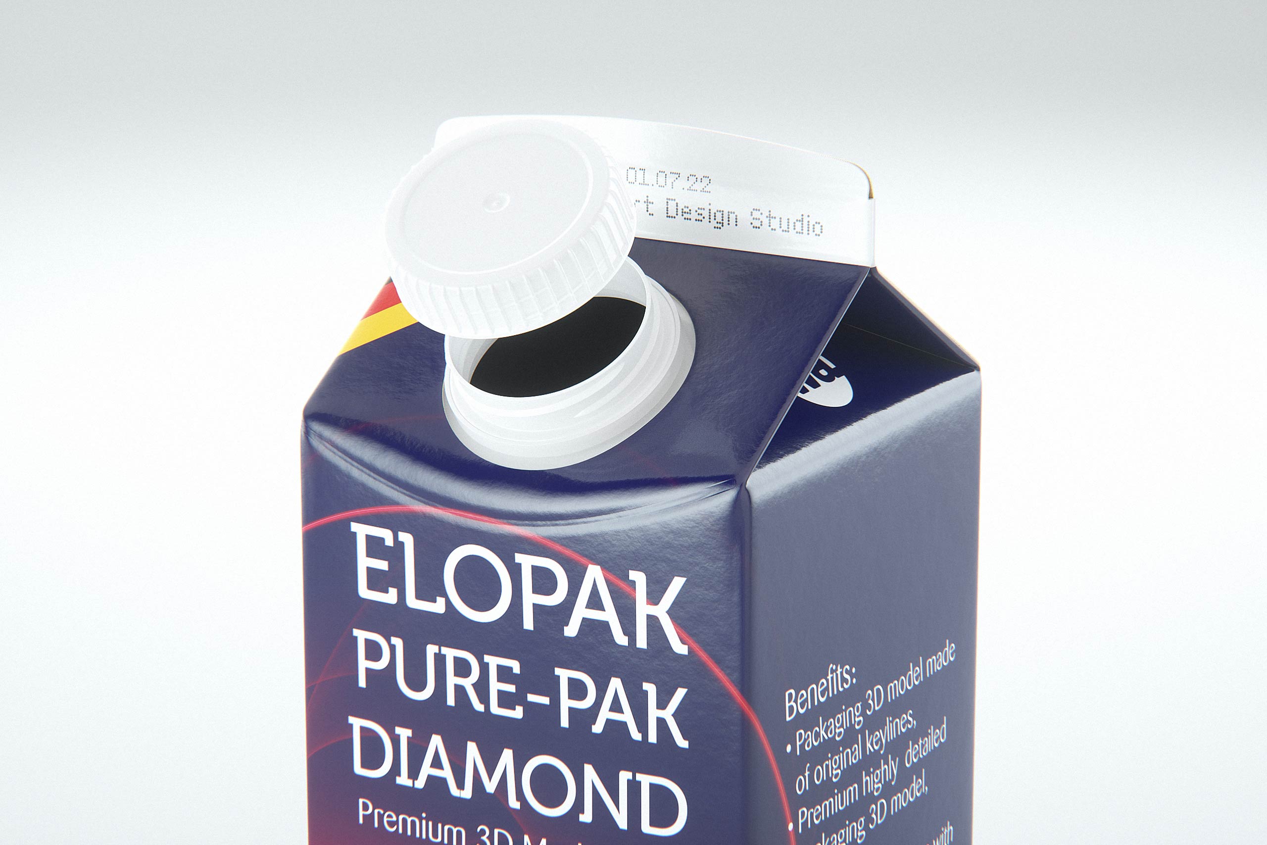 Elopak Pure-Pak Diamond Square 250ml carton packaging 3D model pack - close-up view with an open cap