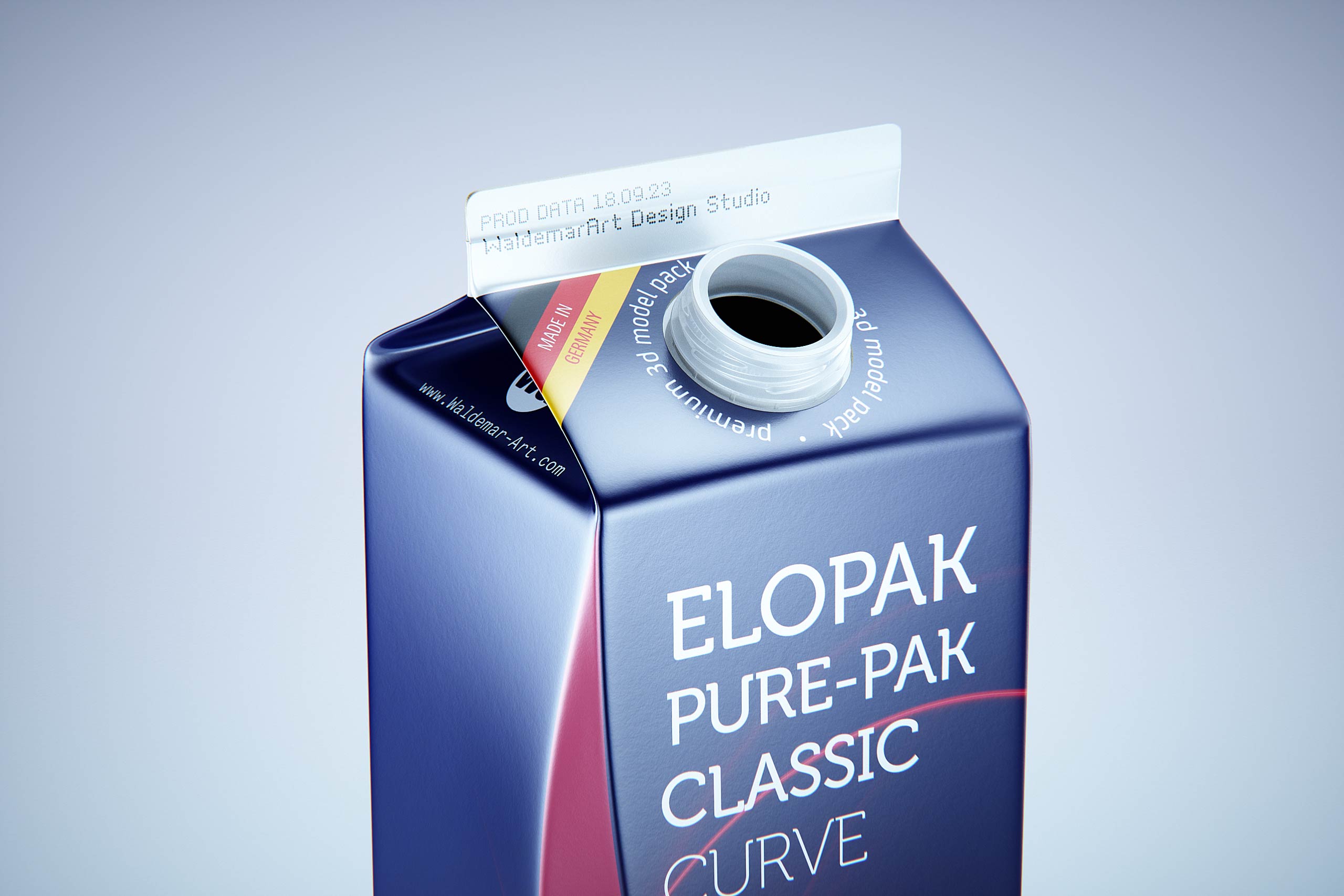 Premium carton packaging 3D model of Elopak Pure-Pak Classic Curve 1000ml with tethered cap TwistFlip 29