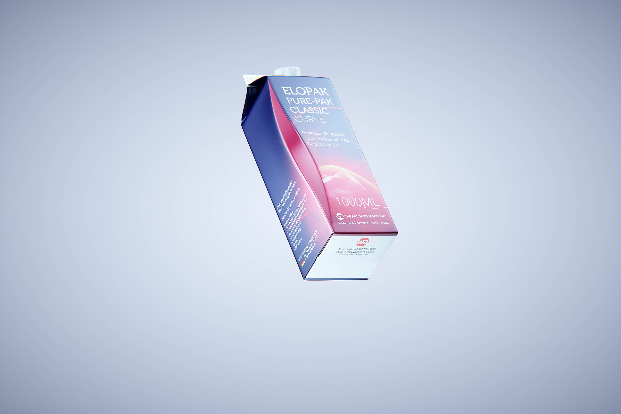 Premium carton packaging 3D model of Elopak Pure-Pak Classic Curve 1000ml with tethered cap TwistFlip 29