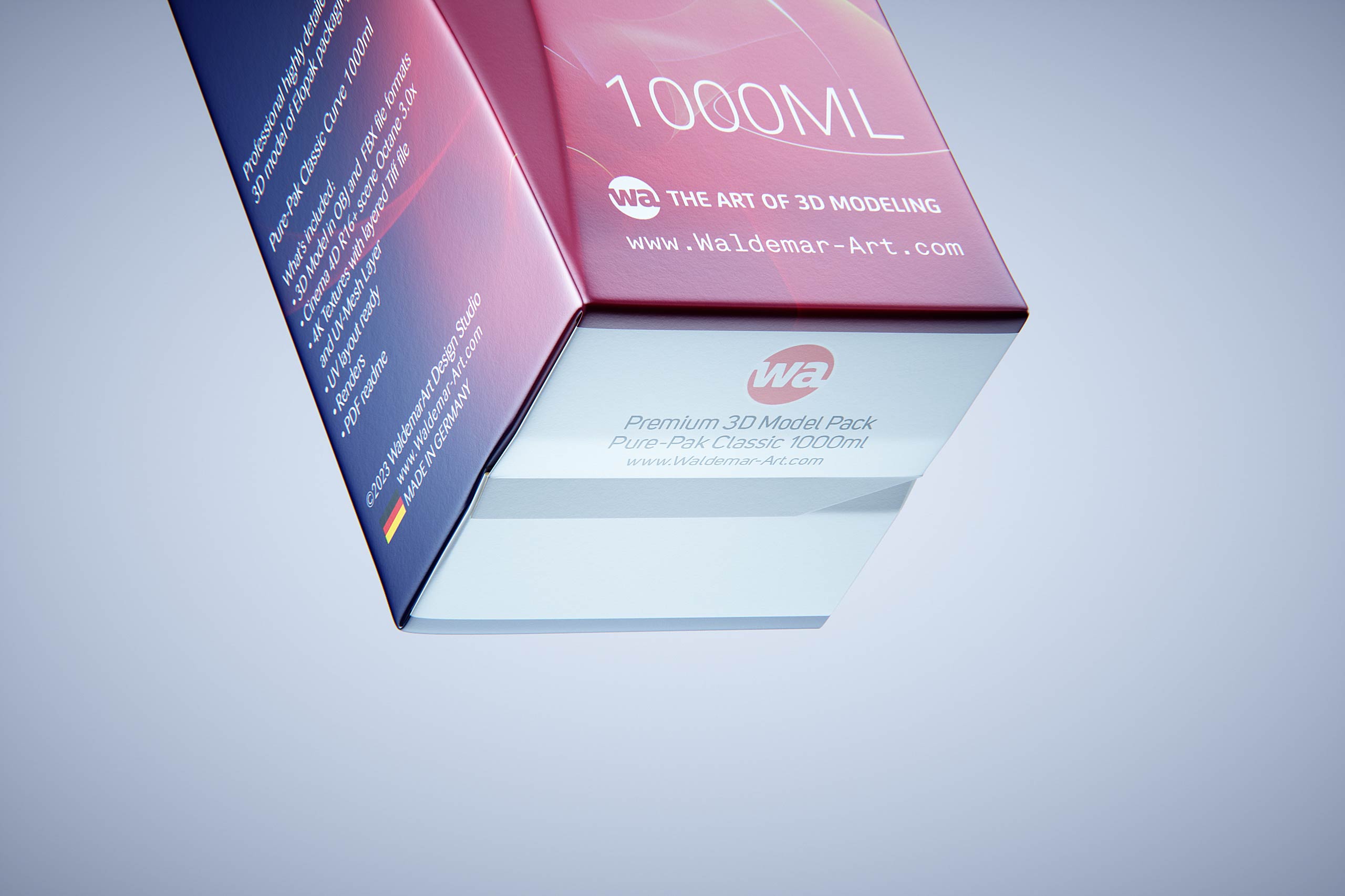 Premium carton packaging 3D model of Elopak Pure-Pak Classic Curve 1000ml with tethered cap TwistFlip 29