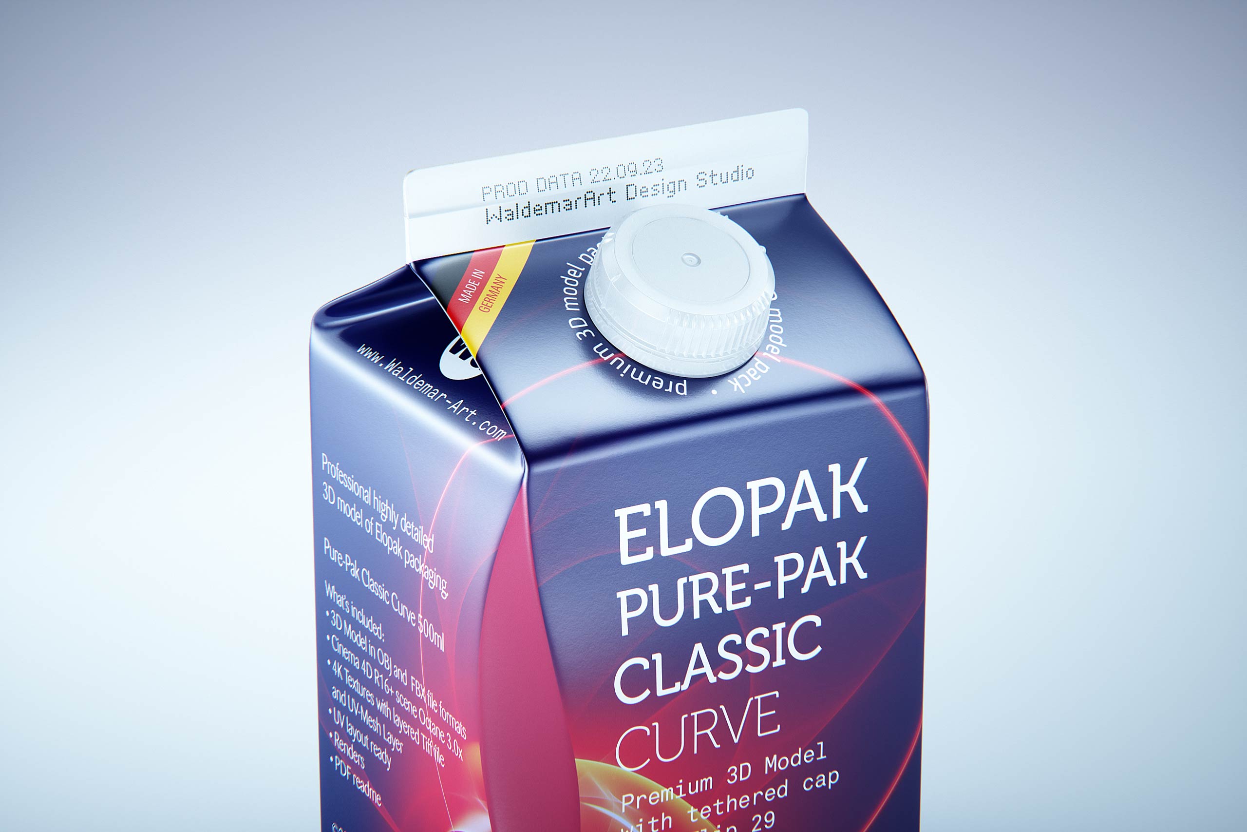 Premium carton packaging 3D model of Elopak Pure-Pak Classic Curve 500ml with tethered cap TwistFlip 29