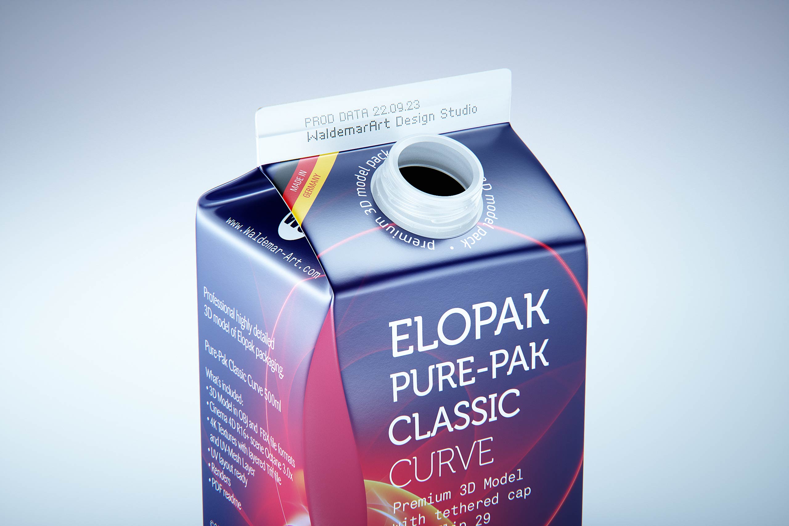 Premium carton packaging 3D model of Elopak Pure-Pak Classic Curve 500ml with tethered cap TwistFlip 29
