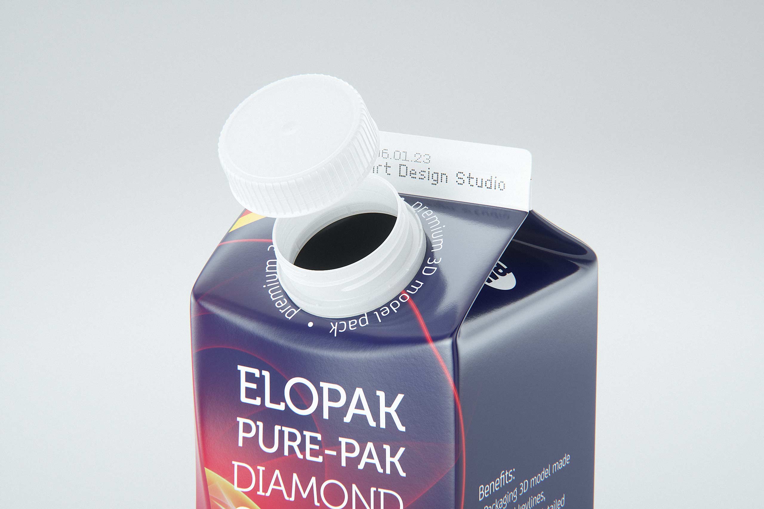 Elopak Pure-Pak Diamond-Curve Fresh 500ml premium packaging 3D model – close-up with an open cap