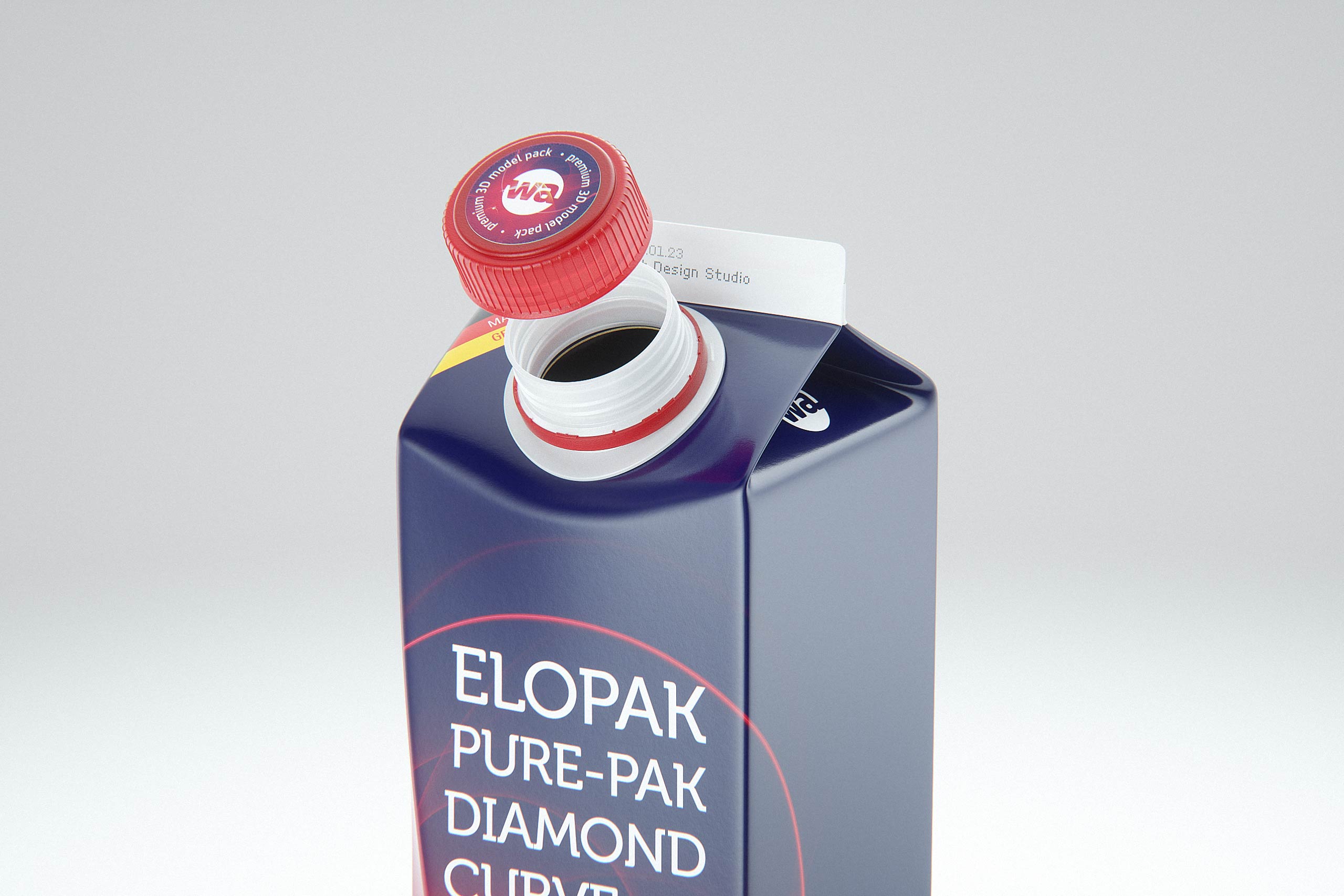 Elopak 3D model - Pure-Pak Diamond Curve Aseptic 1000ml with Pure-Twist - close-up view with an open cap