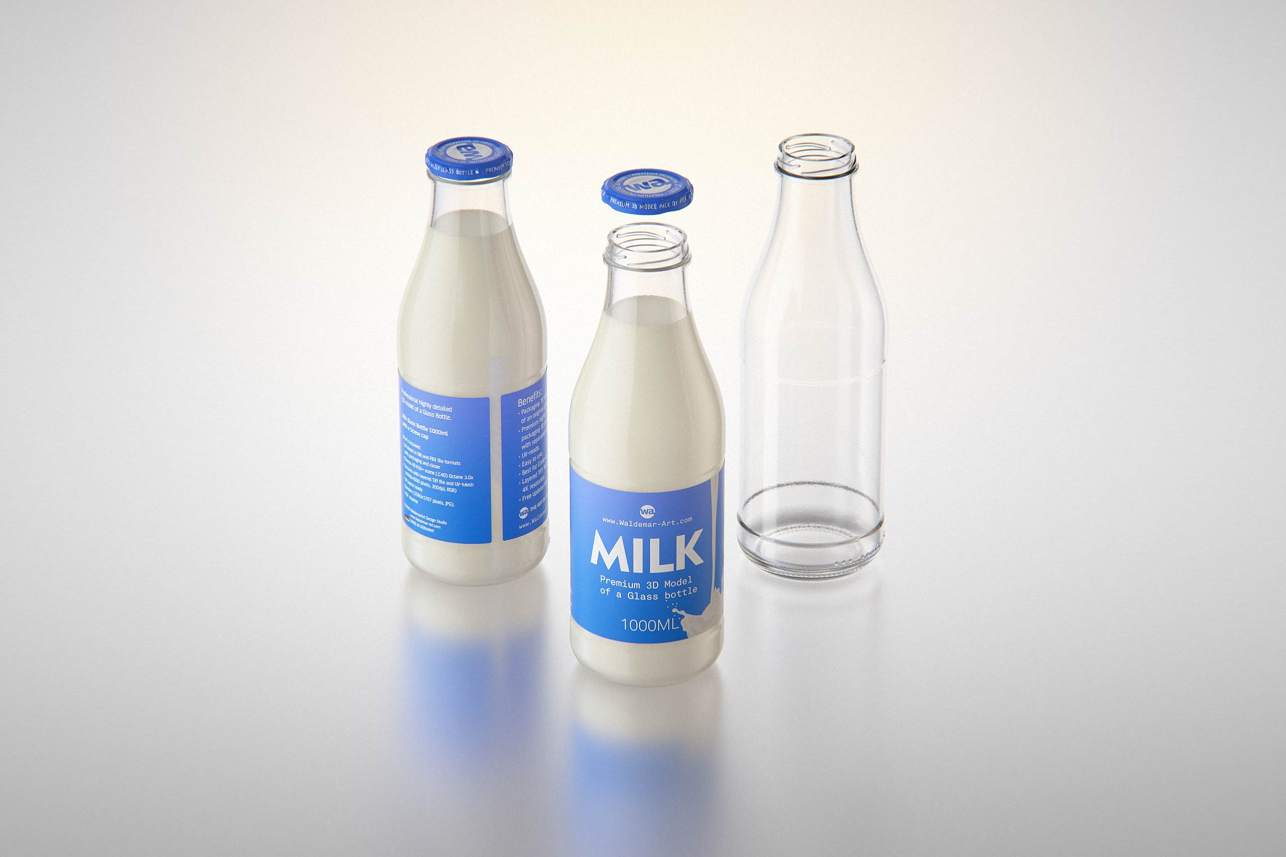 Milk Glass bottle 1000ml packaging 3D model with a screw cap and a glass of milk