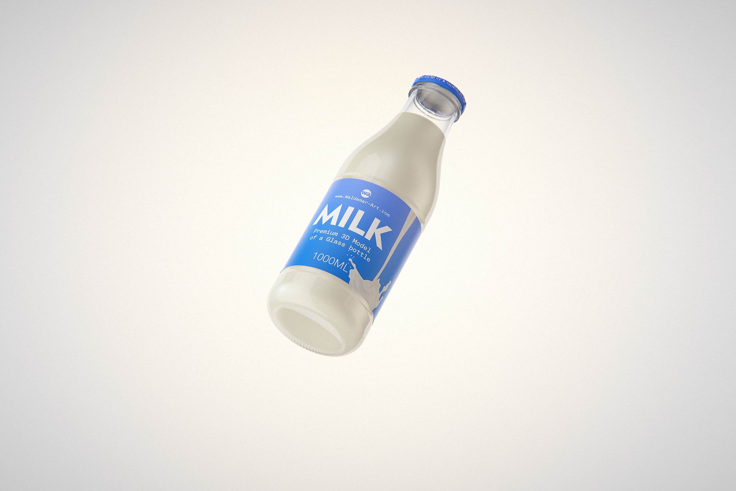 Milk Glass bottle 1000ml packaging 3D model with a screw cap and a glass of milk