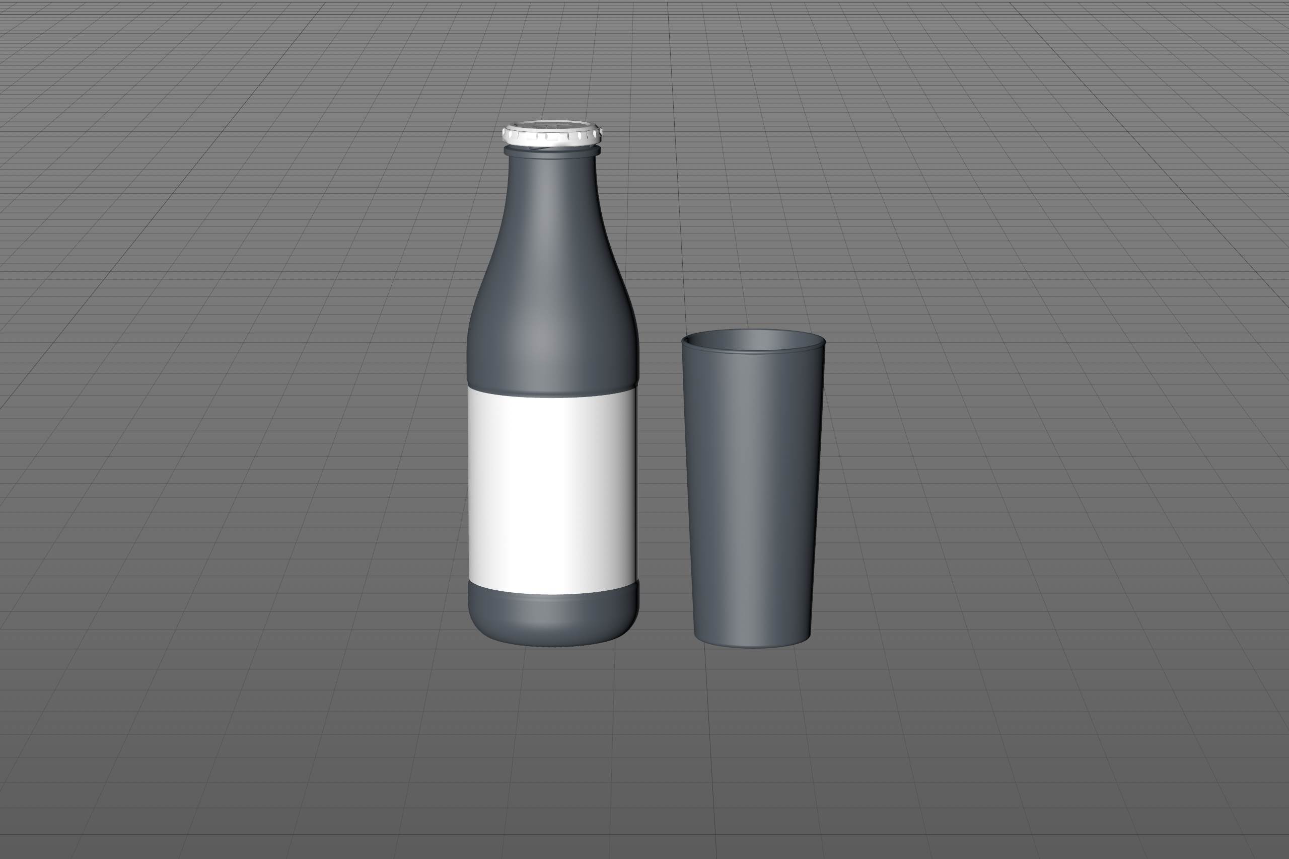 Milk Glass bottle 1000ml packaging 3D model with a screw cap and a glass of milk