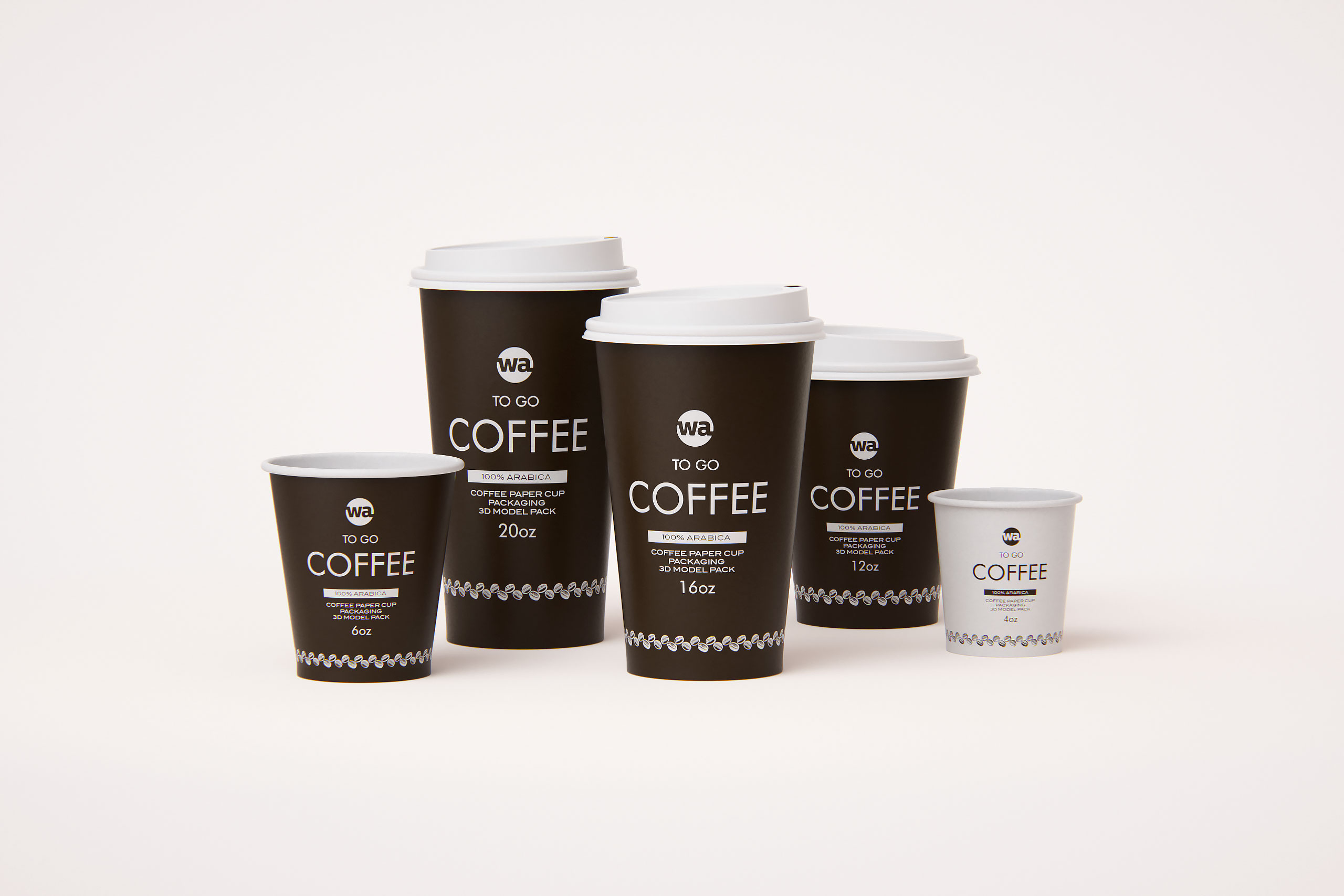 Group of Paper Coffee-To-Go Cups 3D model pack (4oz, 6oz, 12oz, 16oz, 20oz)