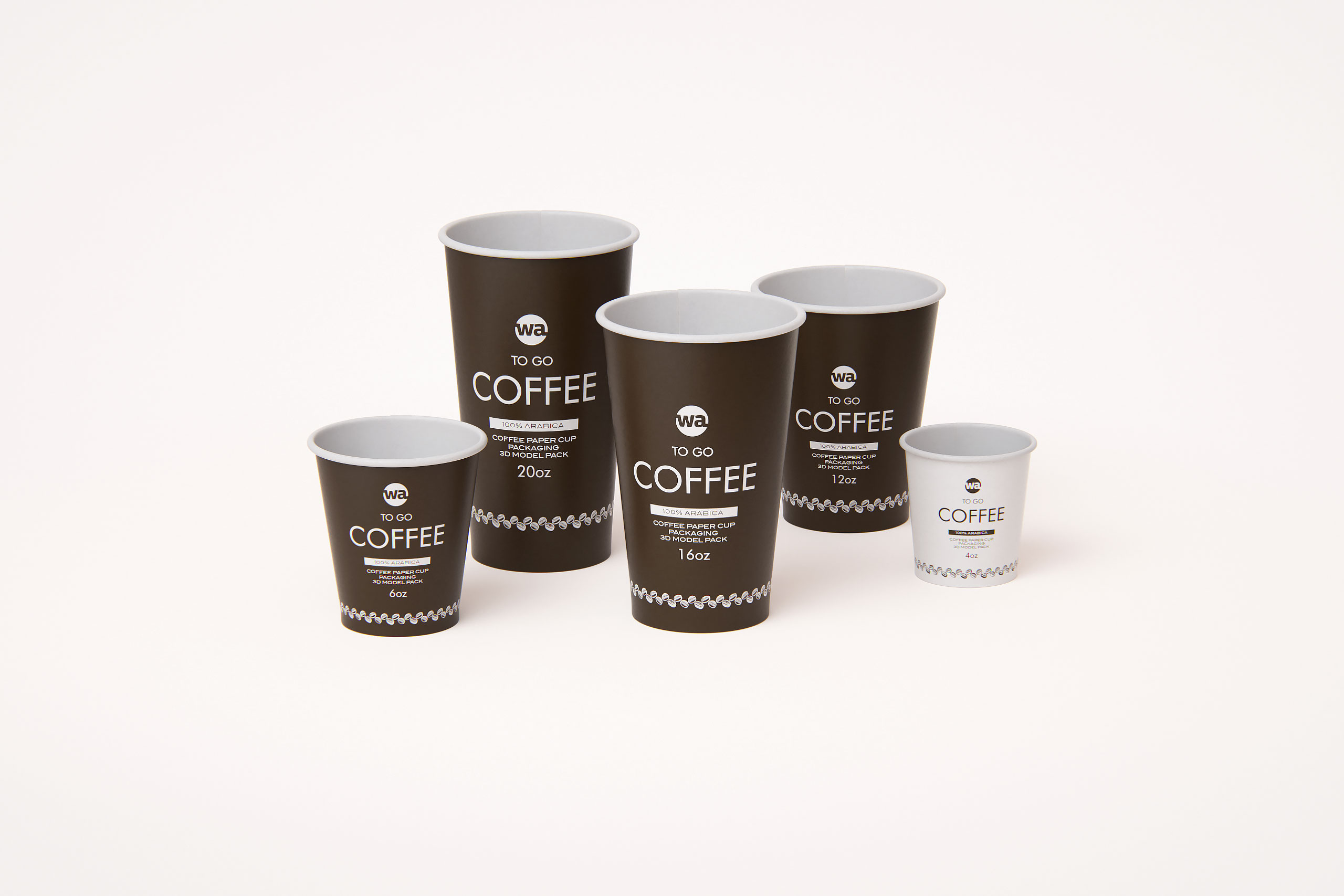 Group of Paper Coffee-To-Go Cups 3D model pack (4oz, 6oz, 12oz, 16oz, 20oz)