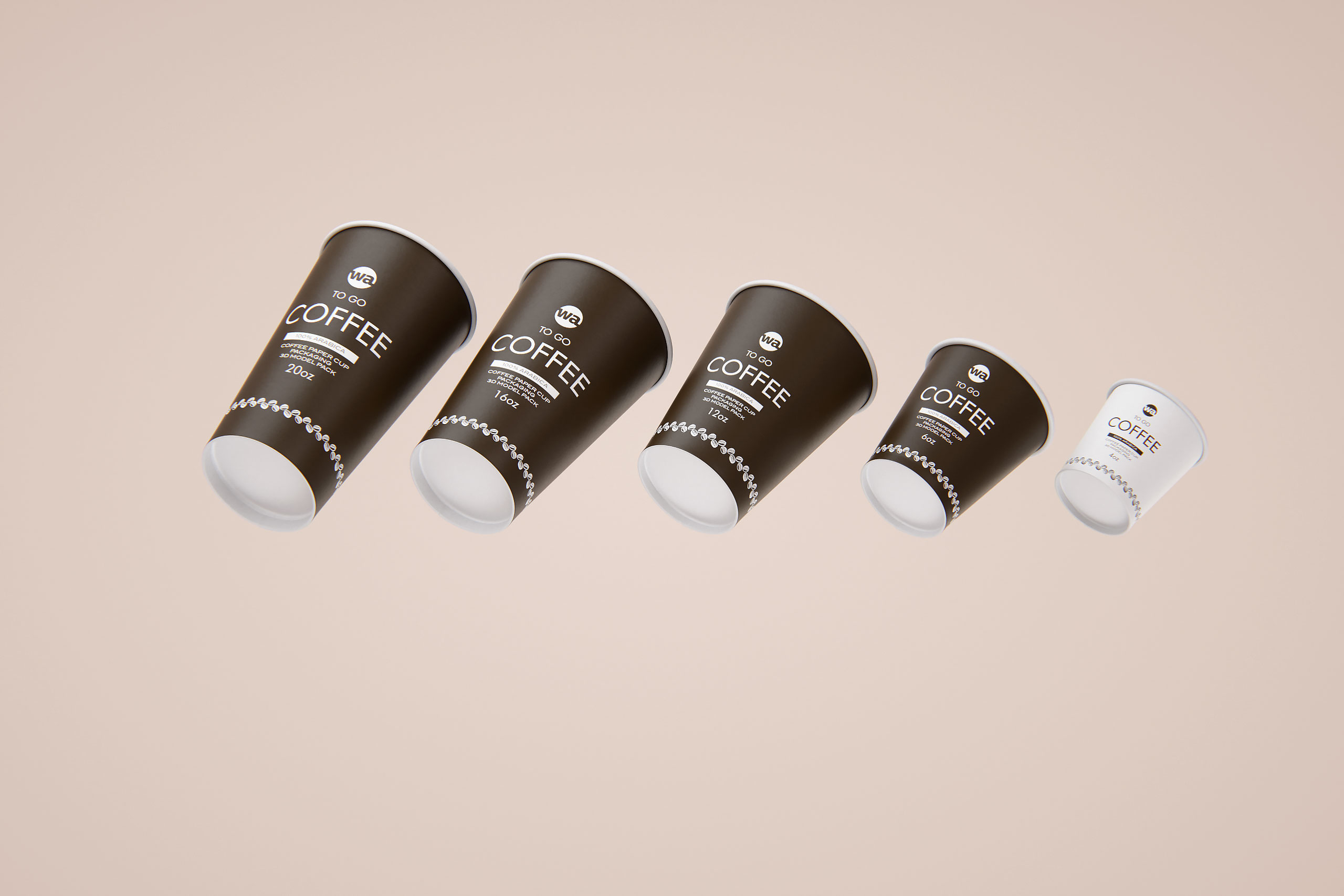 Group of Paper Coffee-To-Go Cups 3D model pack (4oz, 6oz, 12oz, 16oz, 20oz)