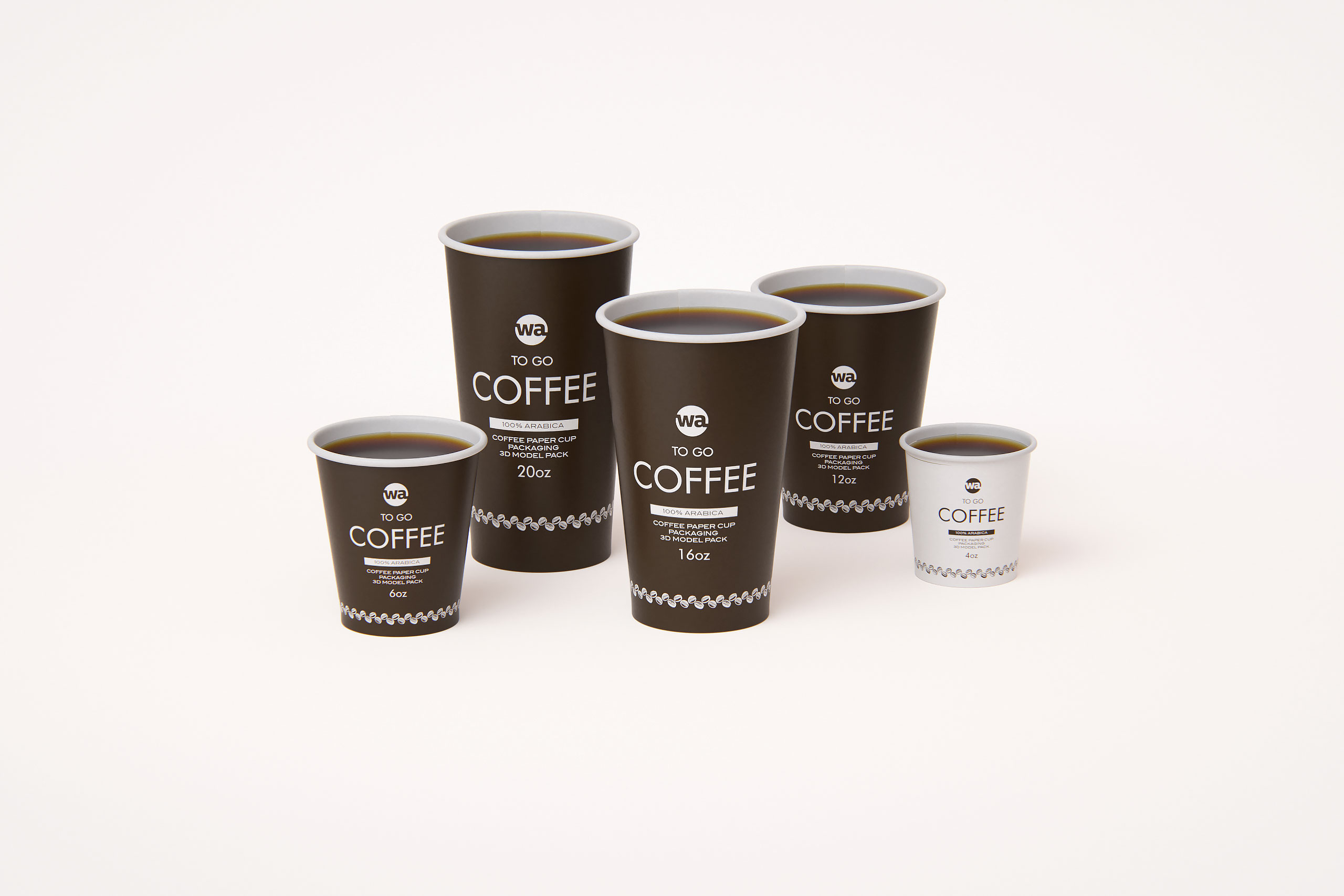 Group of Paper Coffee-To-Go Cups 3D model pack (4oz, 6oz, 12oz, 16oz, 20oz)