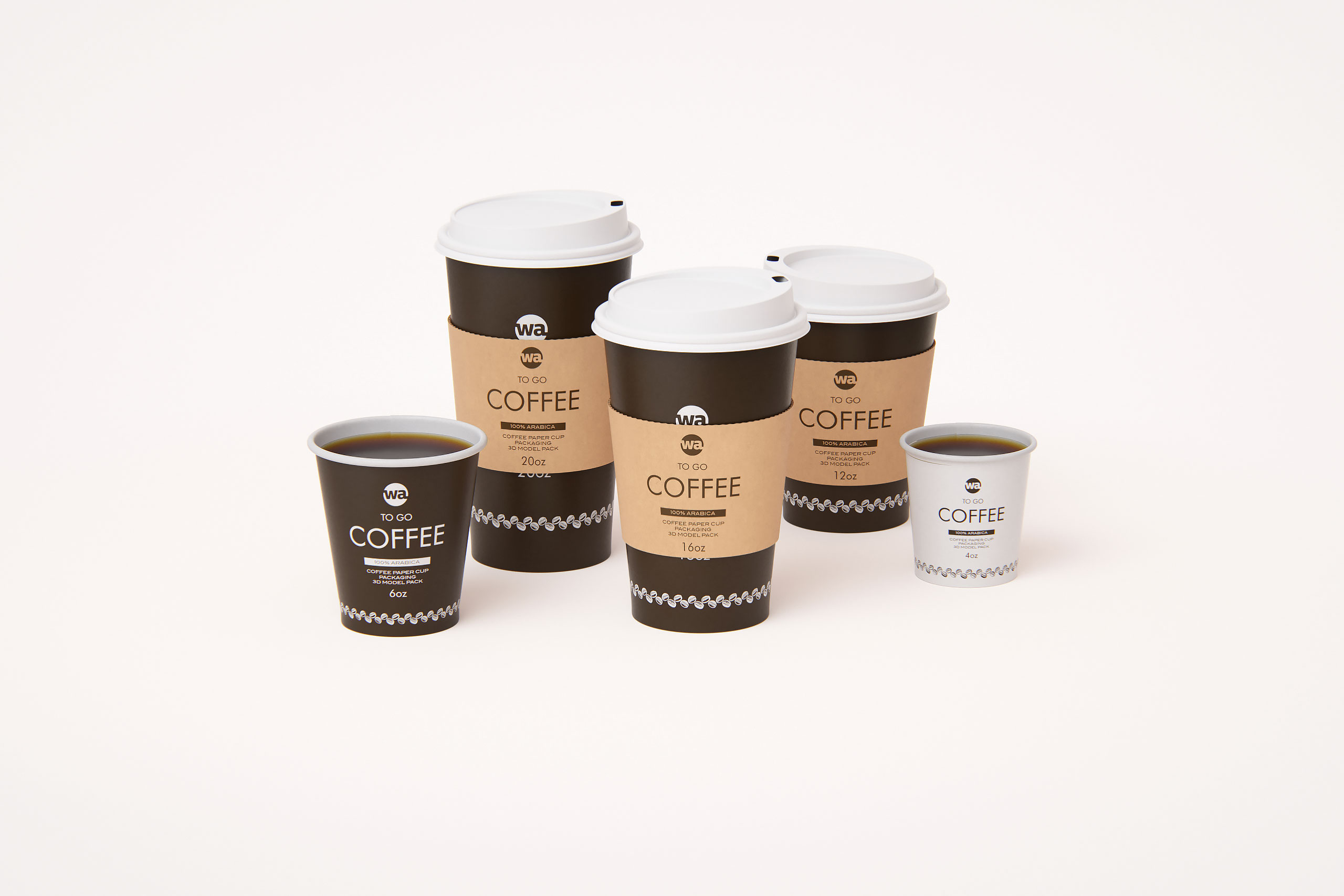 Group of Paper Coffee-To-Go Cups 3D model pack (4oz, 6oz, 12oz, 16oz, 20oz)