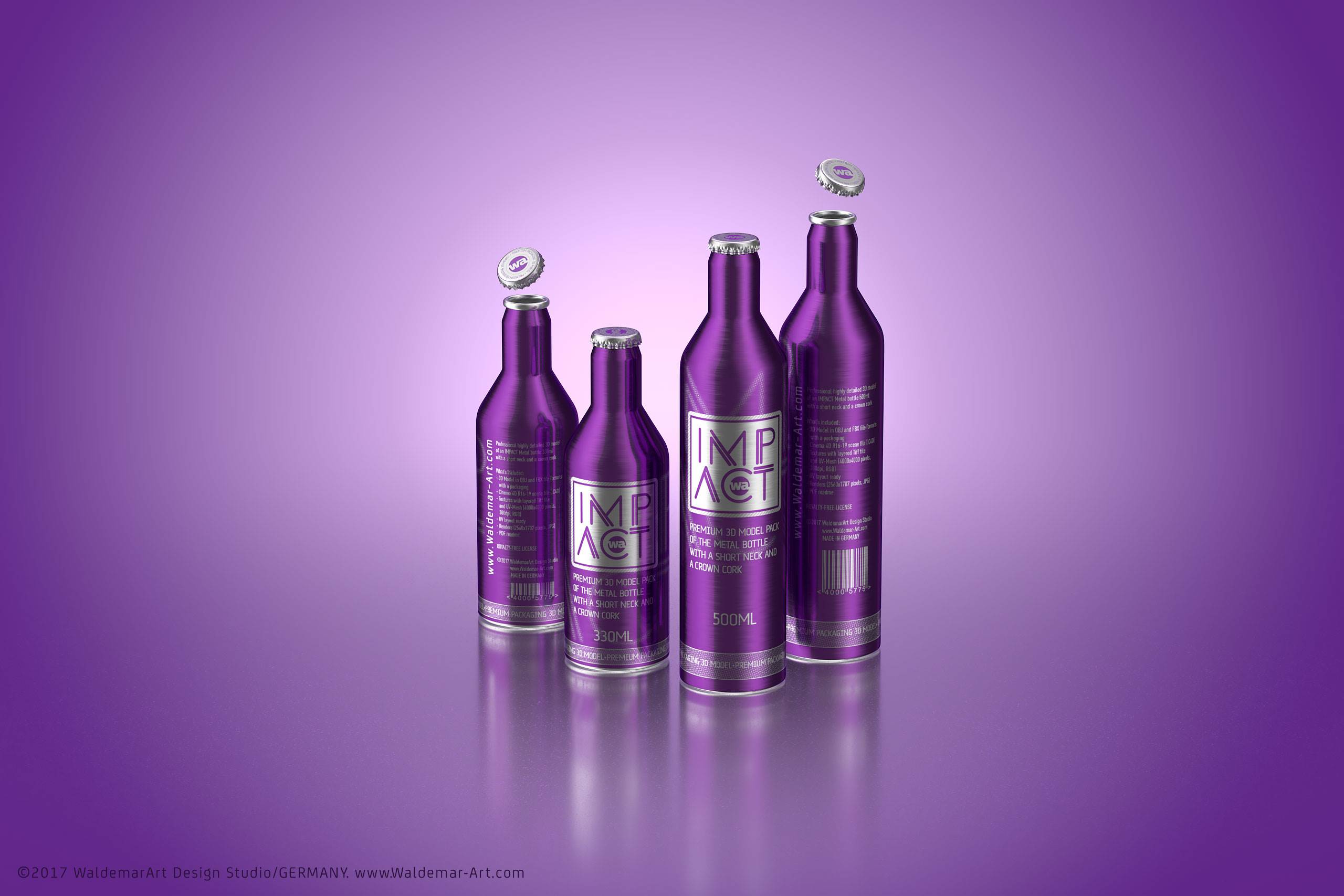 Impact Ball/Rexam metal bottles (short neck) 330 and 500ml packaging 3d model pack