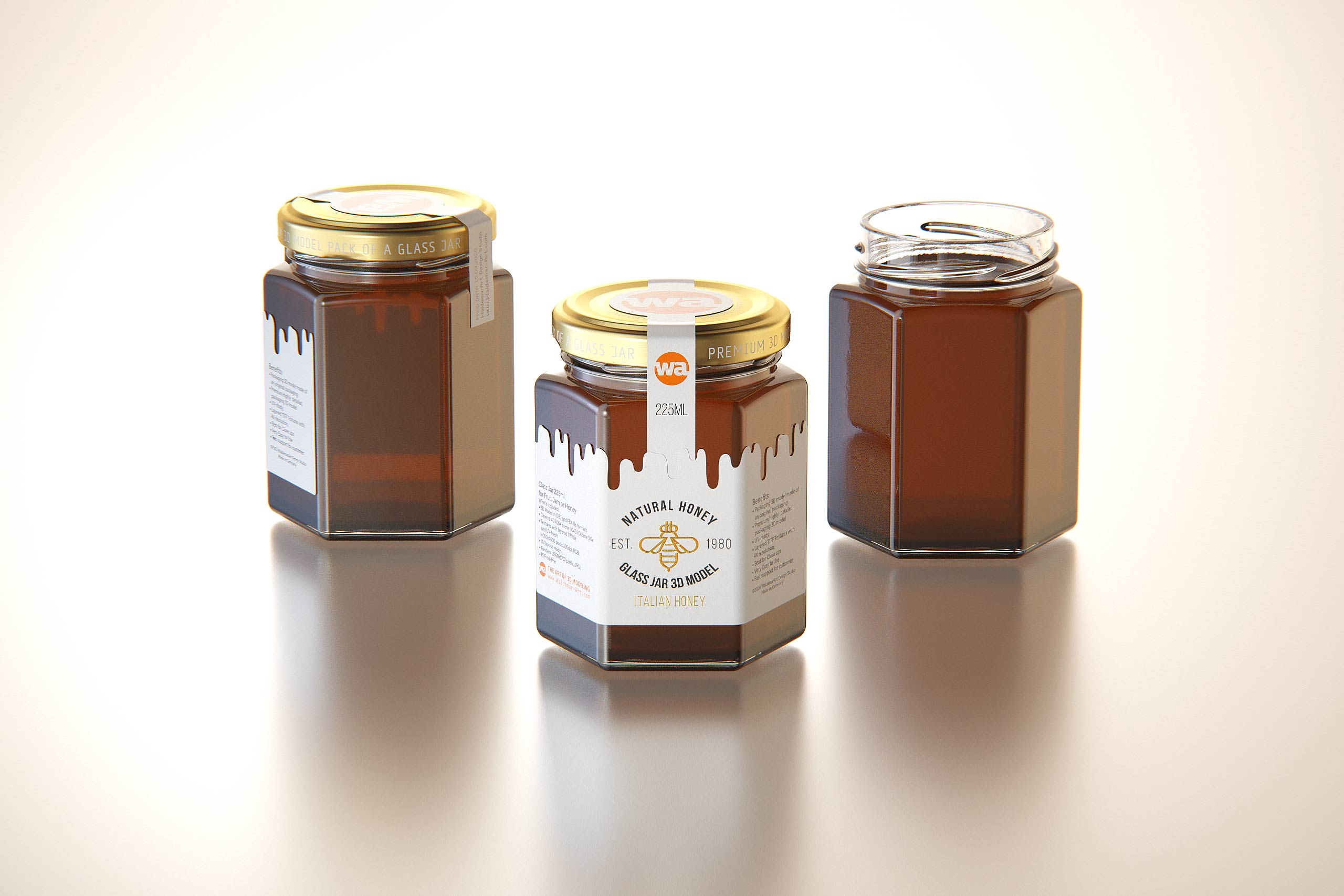 Italian Honey Glass Jar 225ml packaging 3d model / WA Design Studio