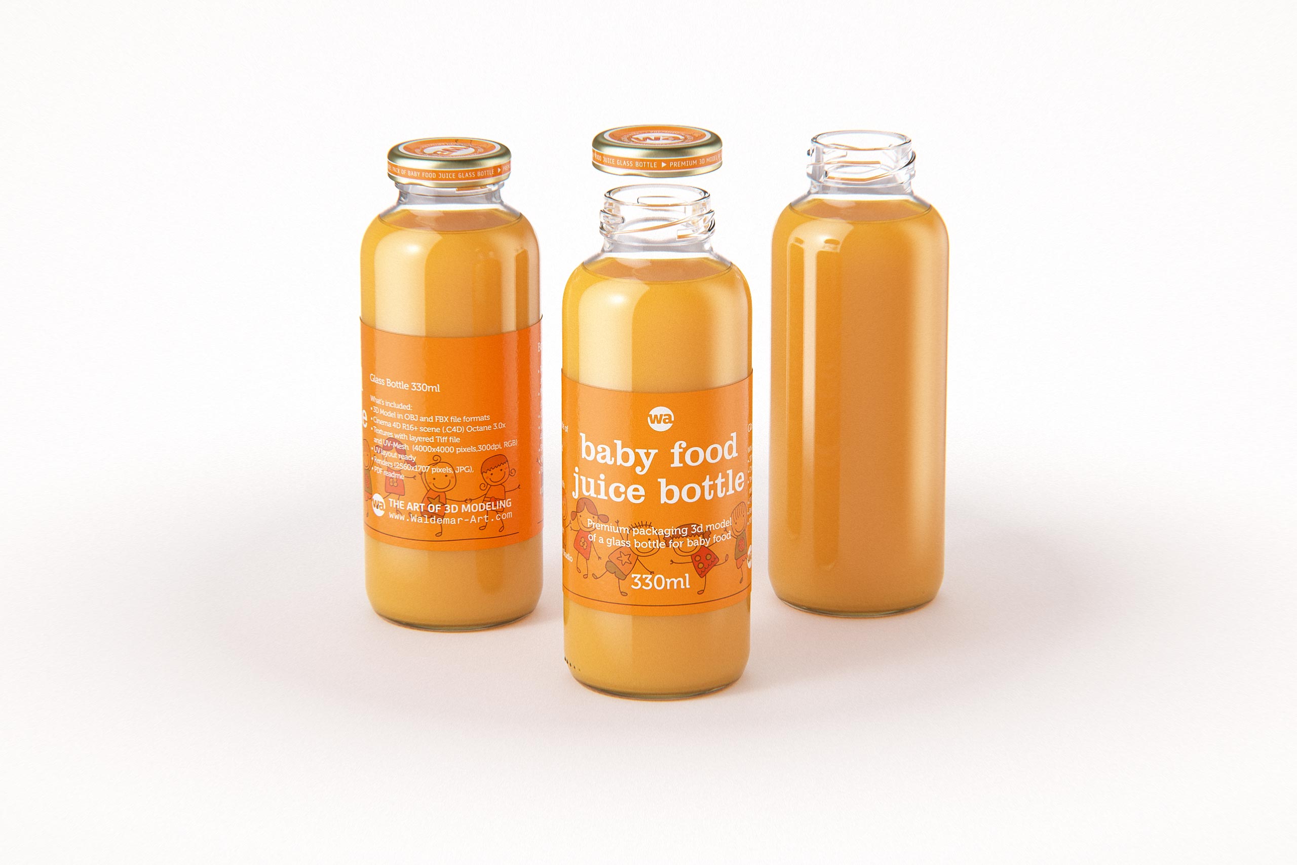 Packaging 3D model of Baby Food Juice Glass Bottle 330ml / WA Design Studio