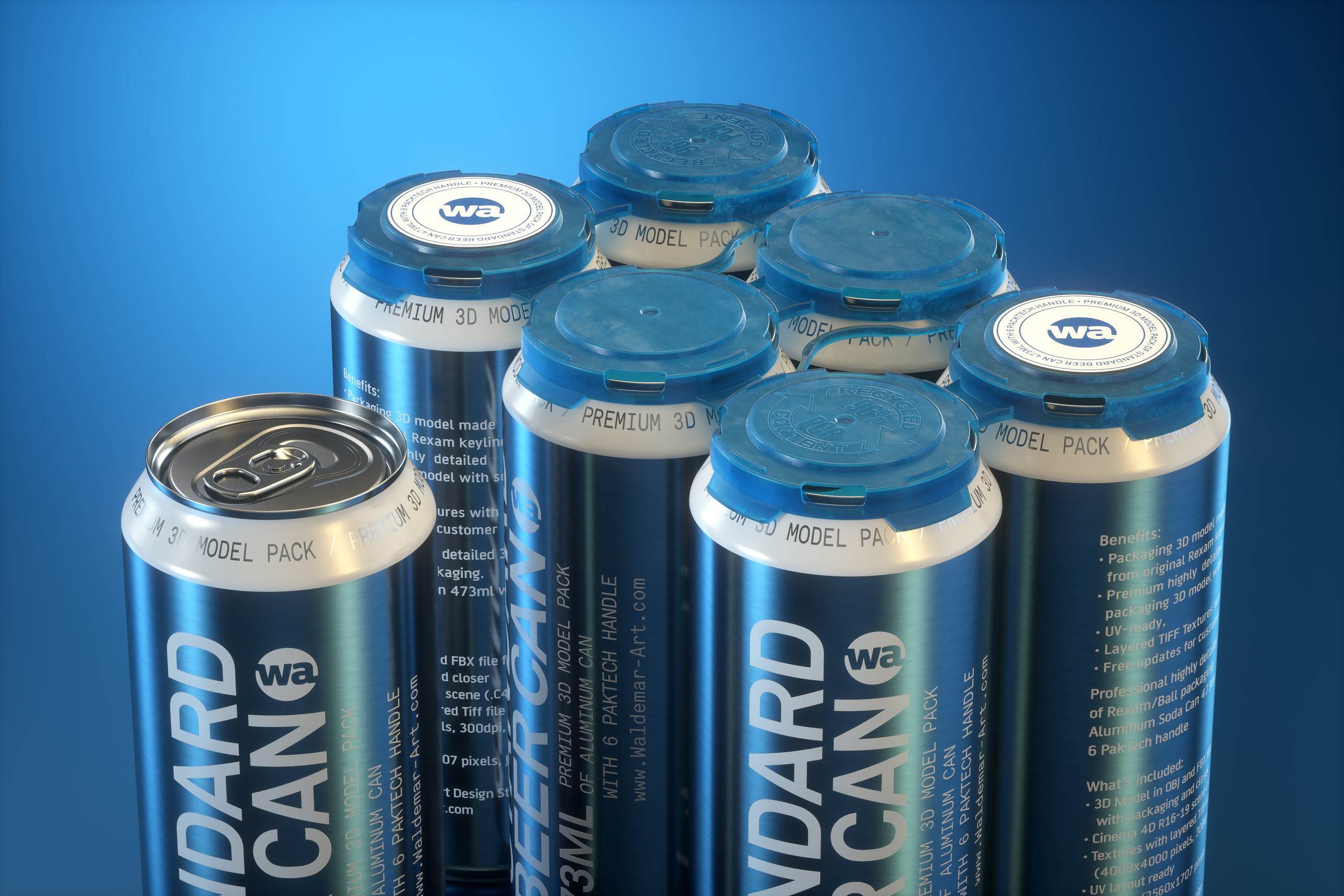 Rexam/Ball Standard Metal Beer Can 473ml Premium packaging 3d model with 6 PakTech handle and label