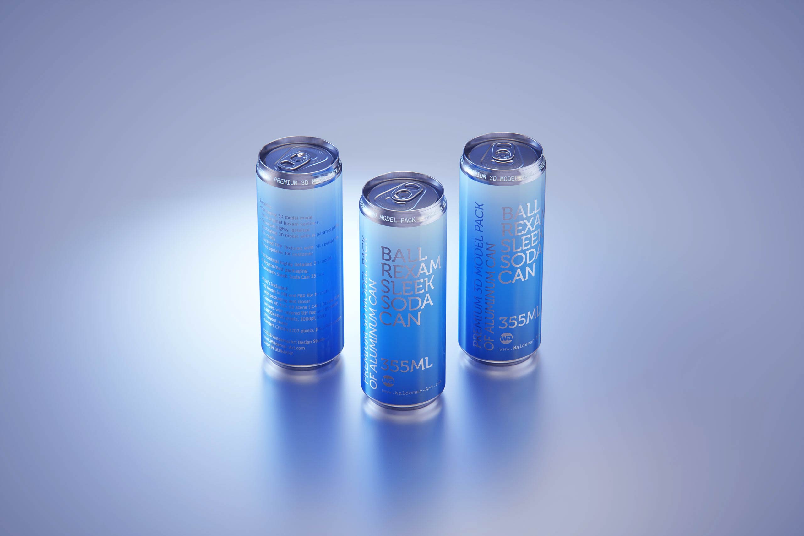 BALL (REXAM) Aluminum Sleek Soda Can 350/355ml Premium 3D packaging model pack with a water condensation and frost