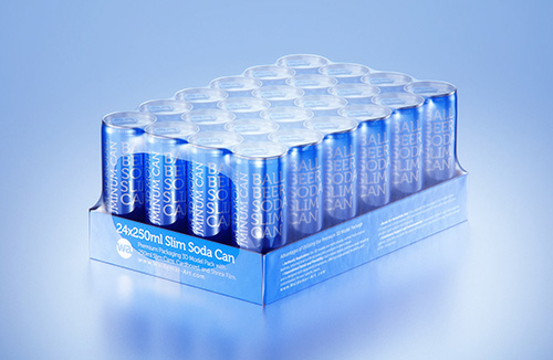Multipack of 24×250 ml slim beer or soda cans, packed in cardboard and wrapped in shrink film