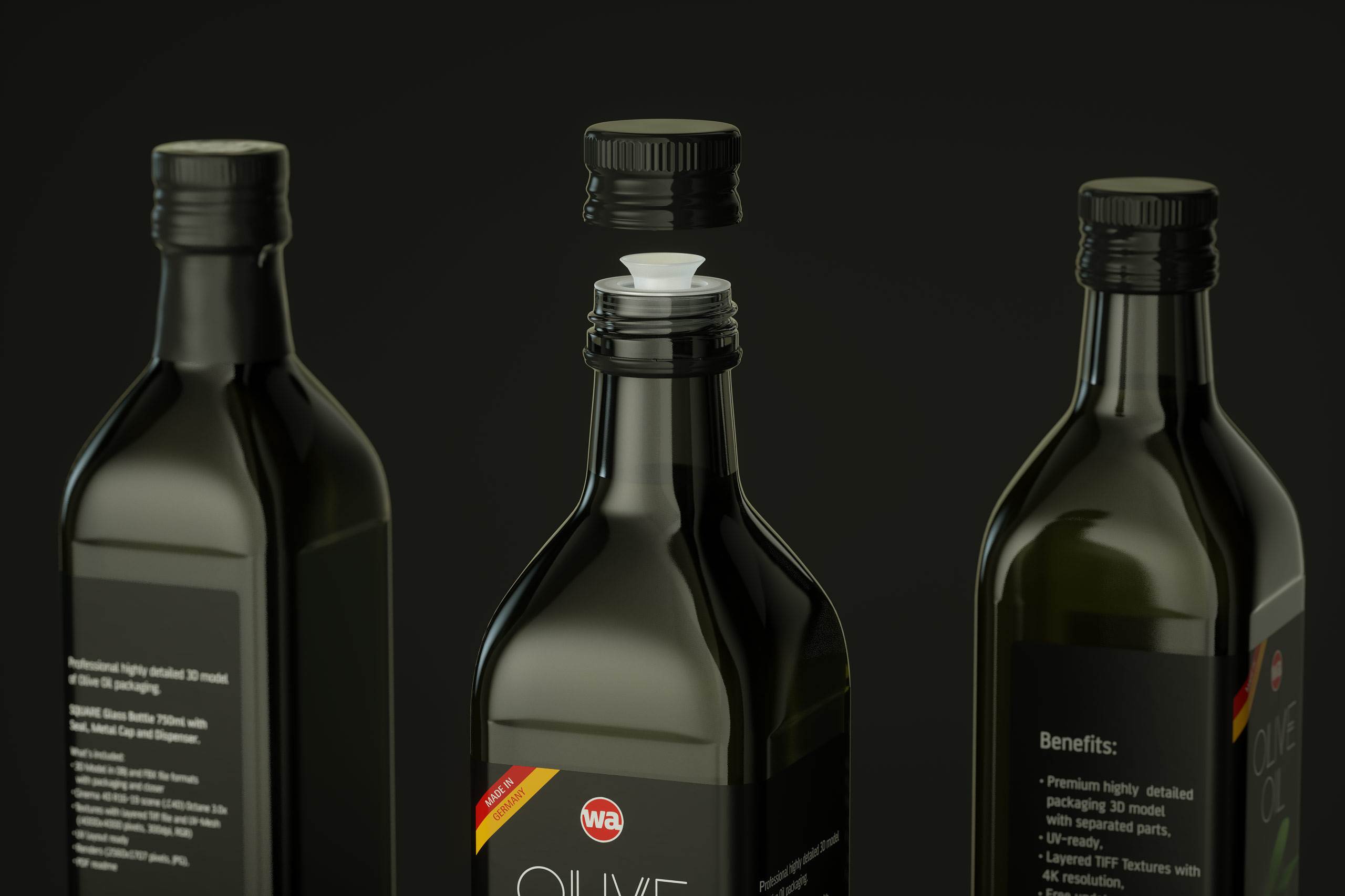 Premium packaging 3D model of the Olive Oil Square Glass Bottle 750ml