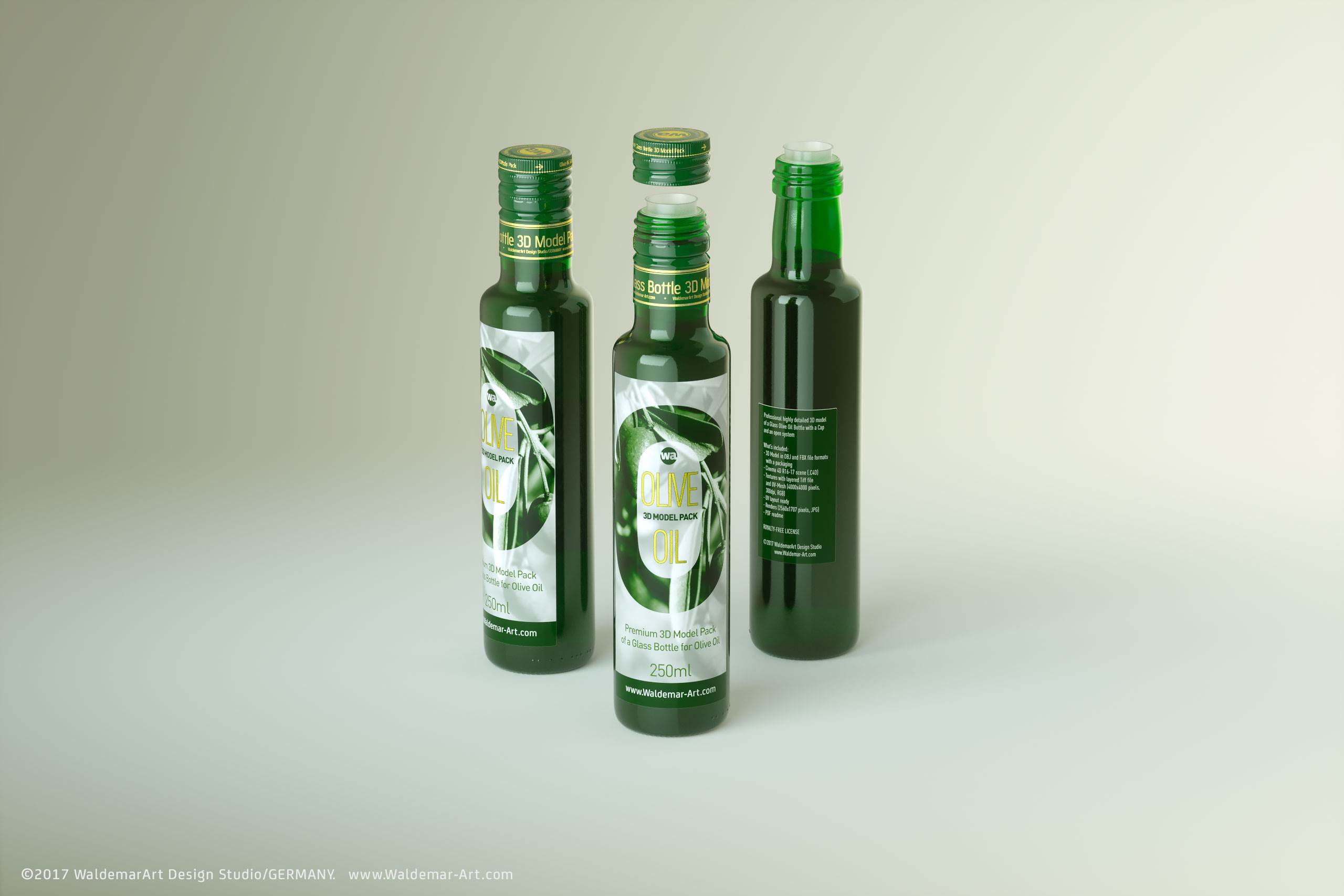 Packaging 3d model of Olive Oil Round Glass Bottle 250ml