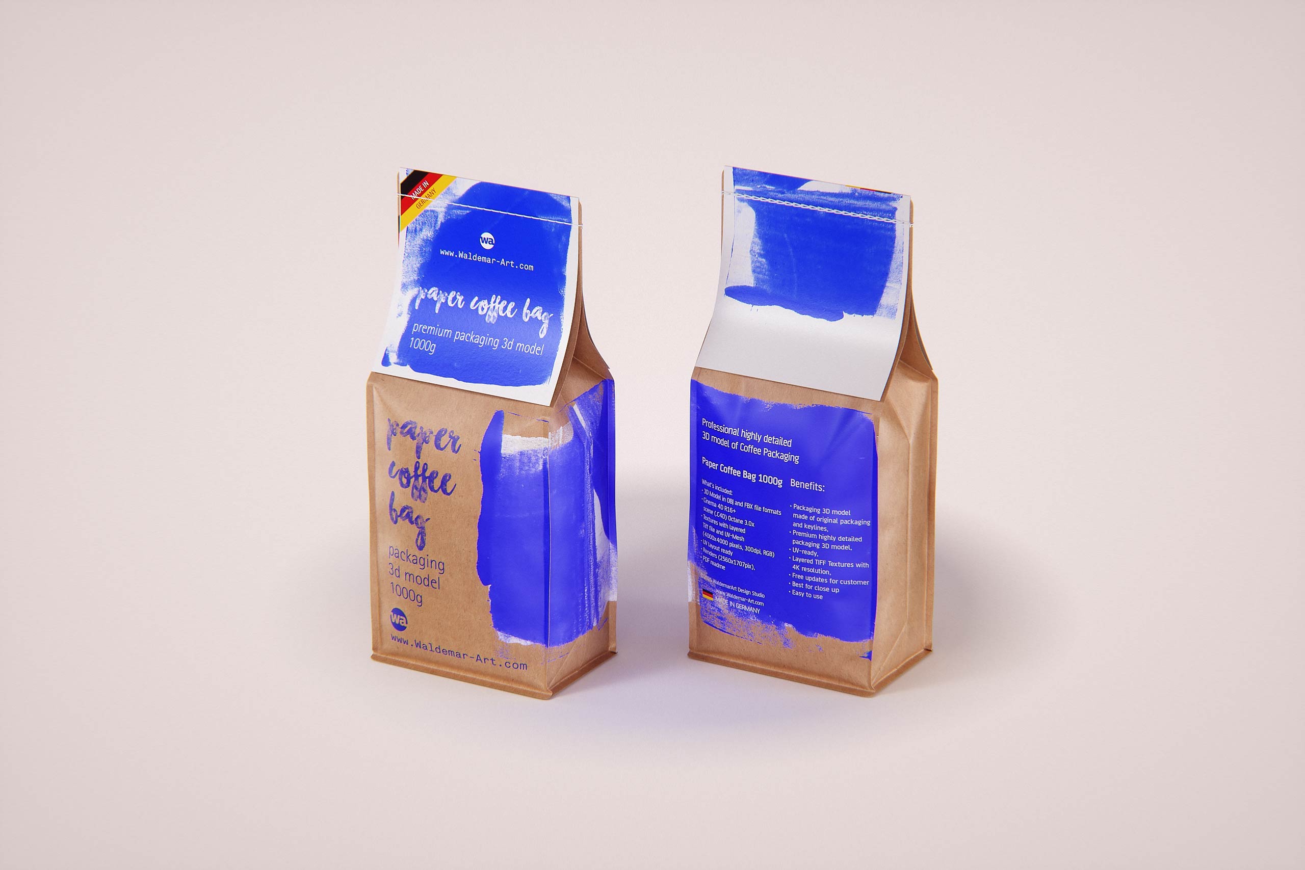 Paper Coffee Bag 1000g with stitches packaging 3D model