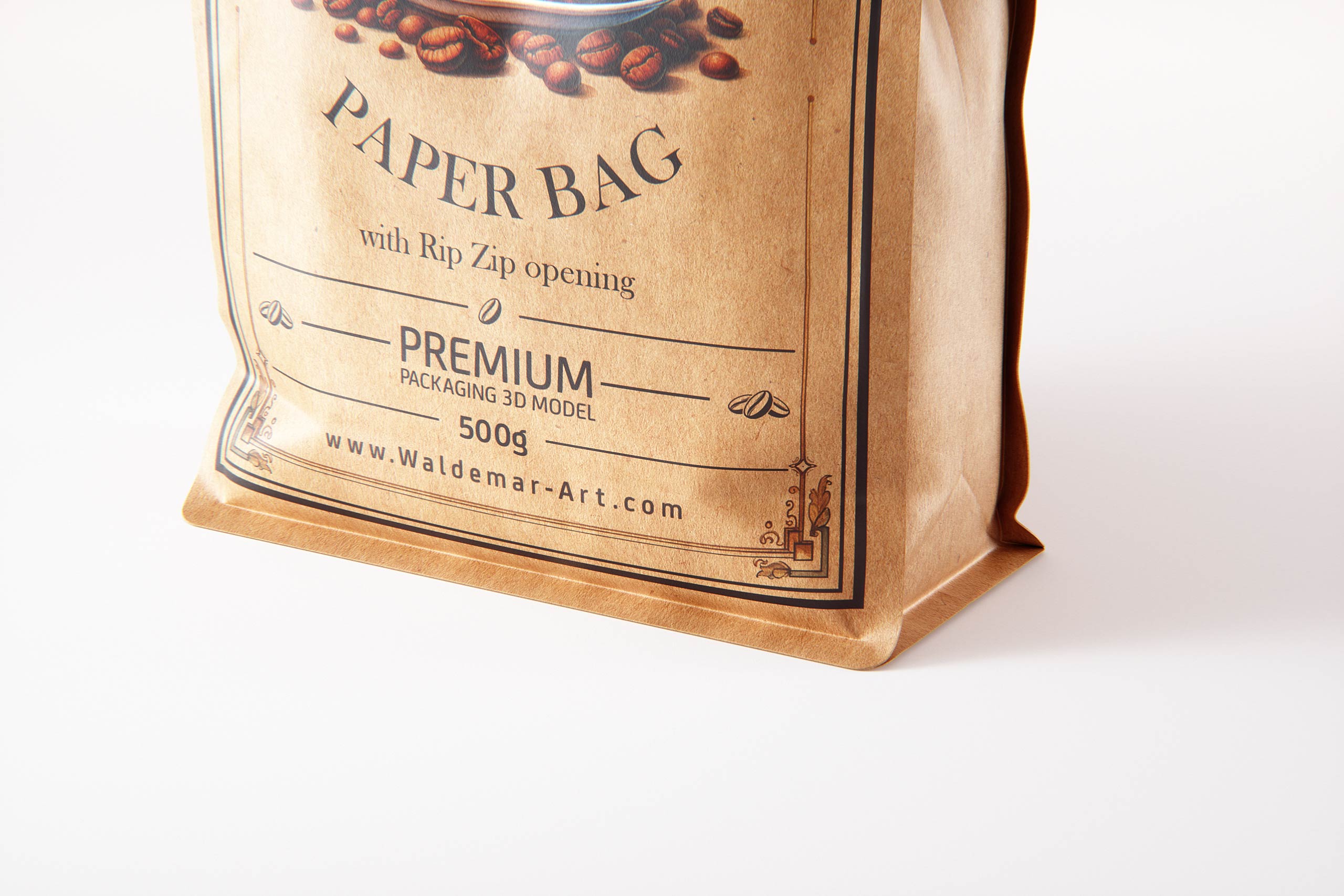 Premium packaging 3d model of Craft Paper Coffee Bag 500g with Rip Zip opening